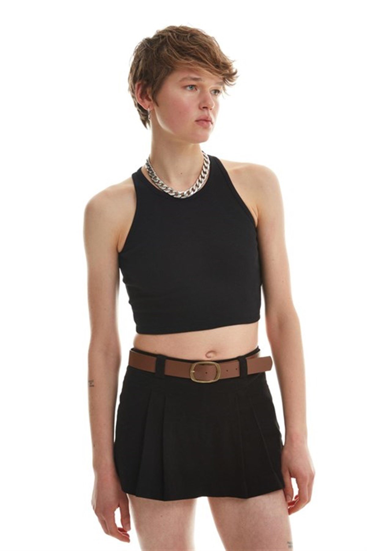 Halter Yaka Crop Bluz Siyah