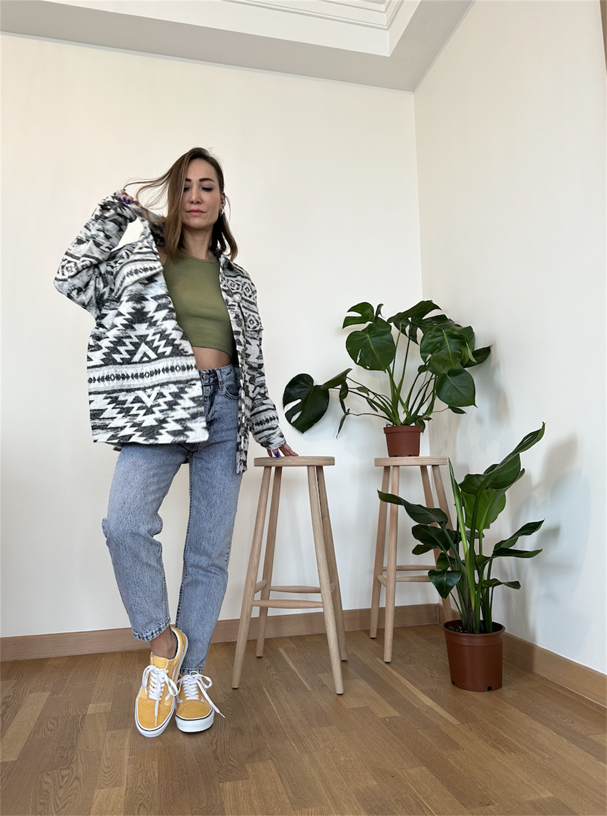 Oversize Siyah Beyaz Motif Detaylı Oduncu Gömleği