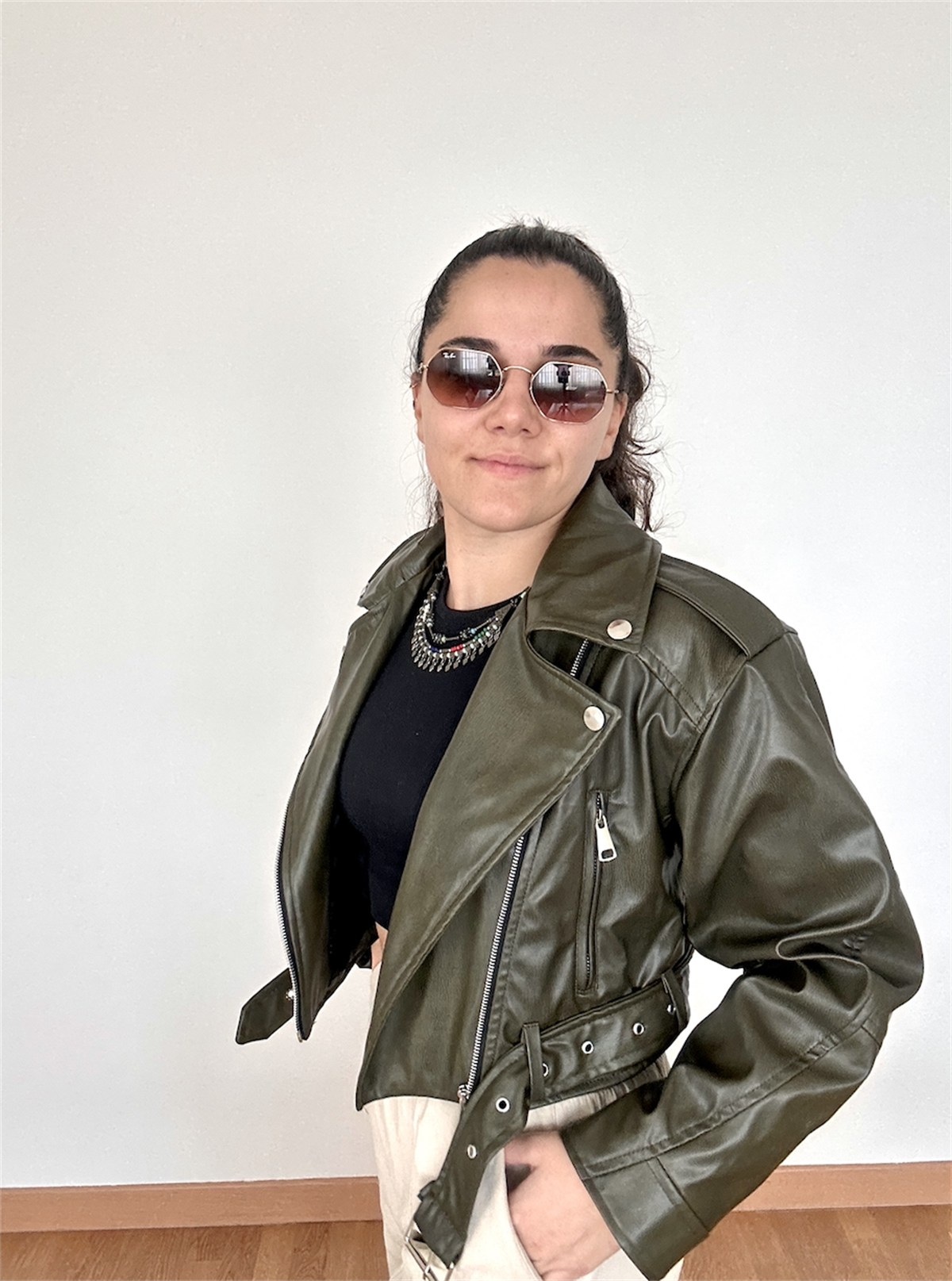 Yıkamalı Suni Deri Crop Biker Ceket Haki