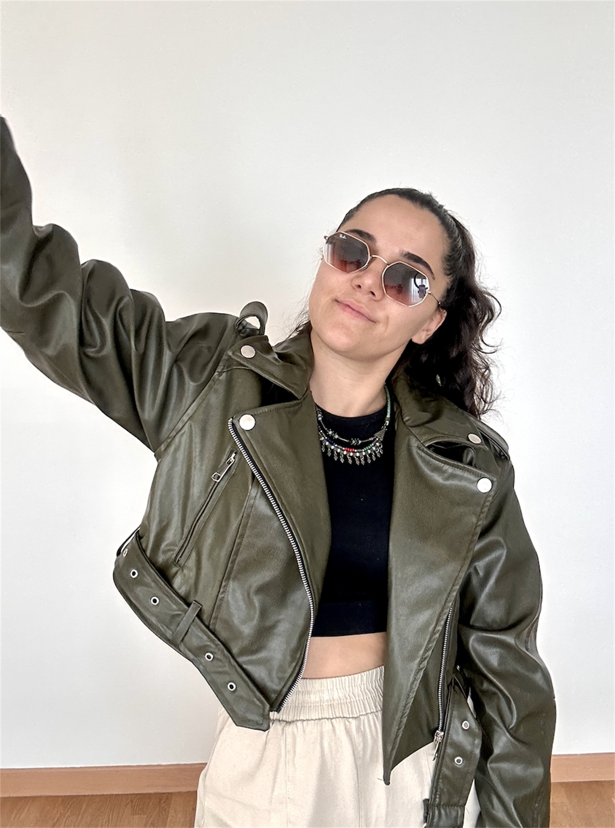 Yıkamalı Suni Deri Crop Biker Ceket Haki