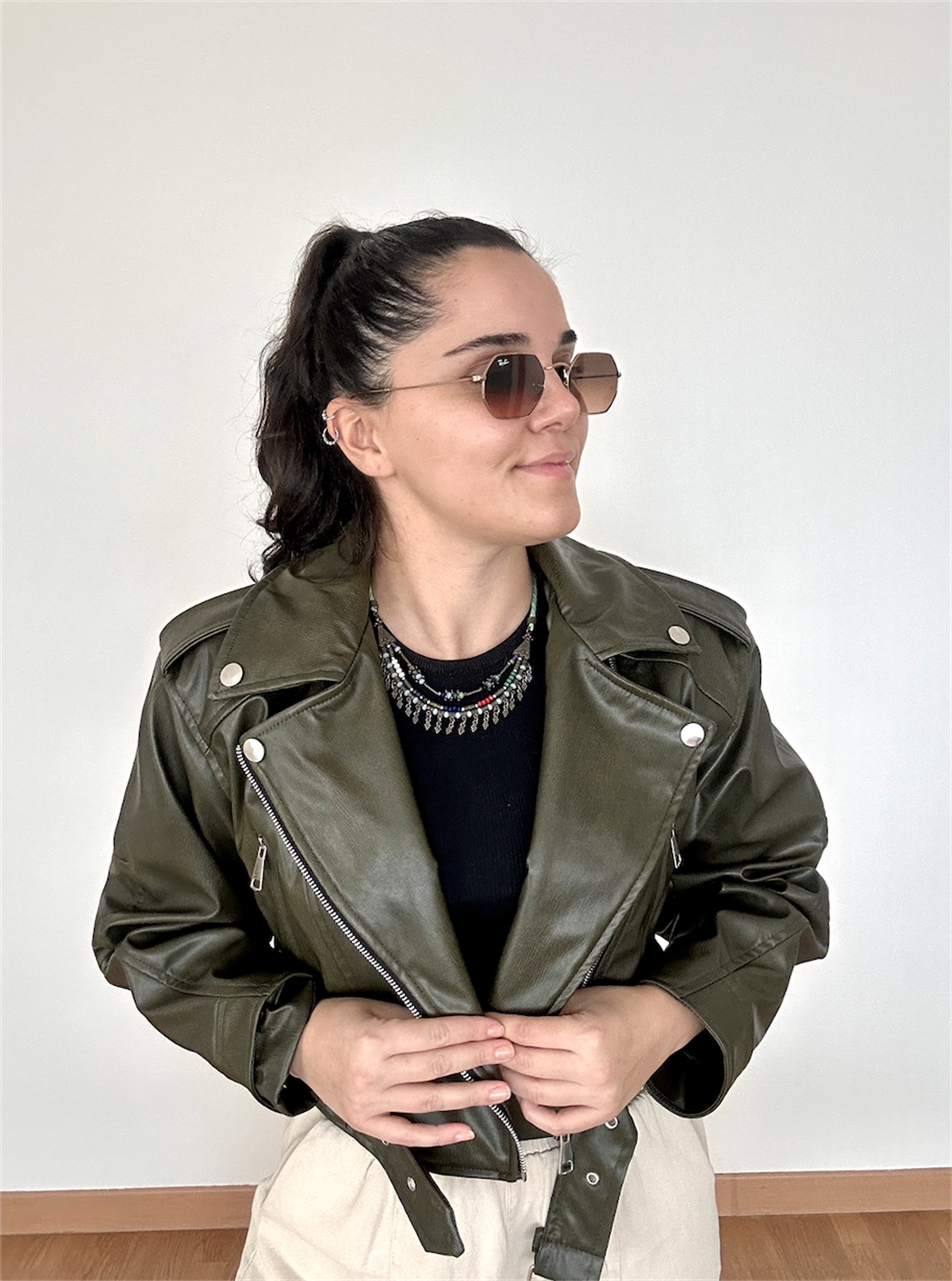 Yıkamalı Suni Deri Crop Biker Ceket Haki