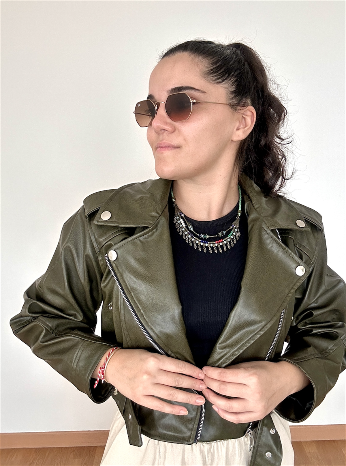 Yıkamalı Suni Deri Crop Biker Ceket Haki