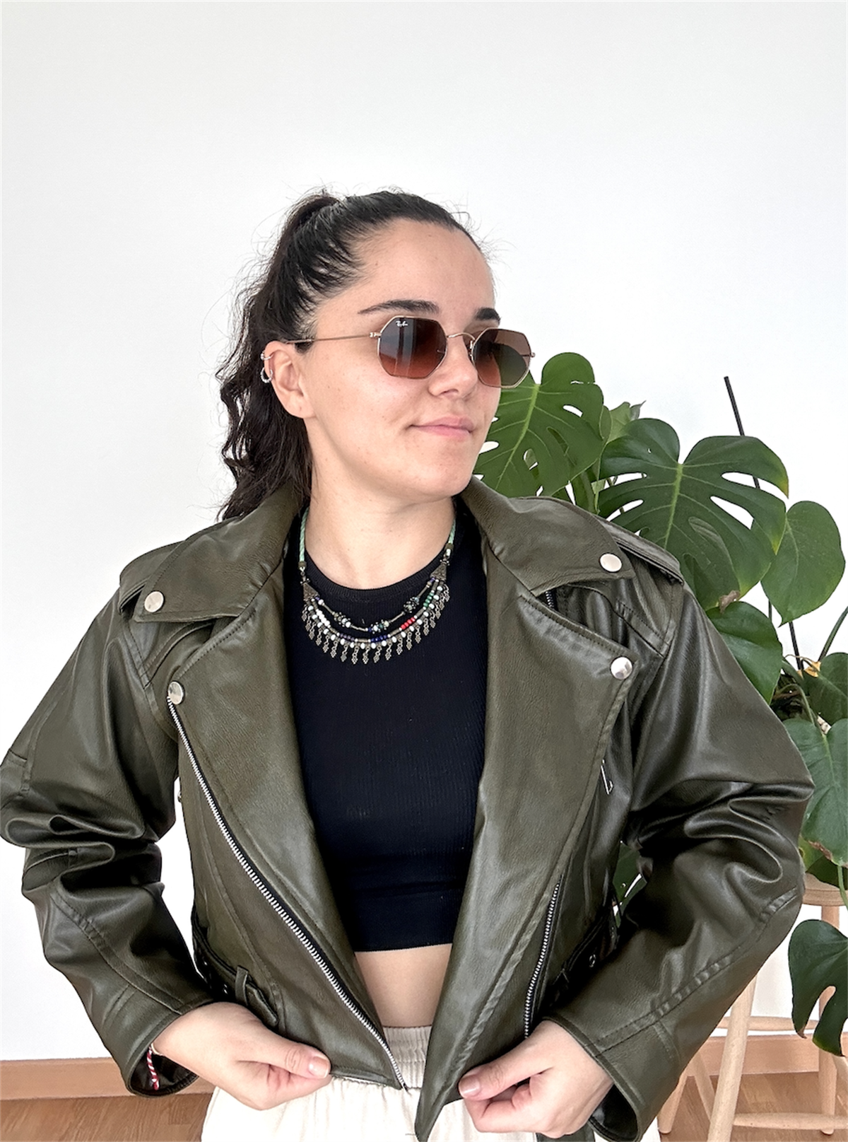Yıkamalı Suni Deri Crop Biker Ceket Haki