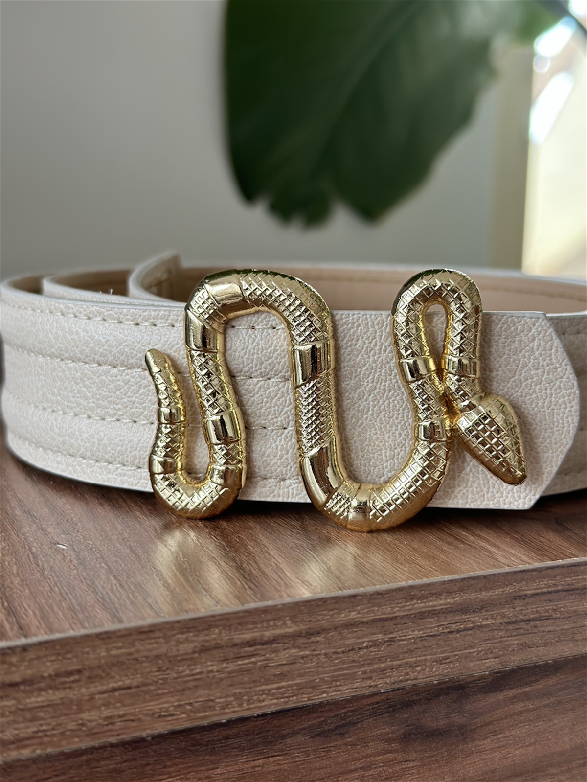 Yılan Krem Gold Kemer Dikişli