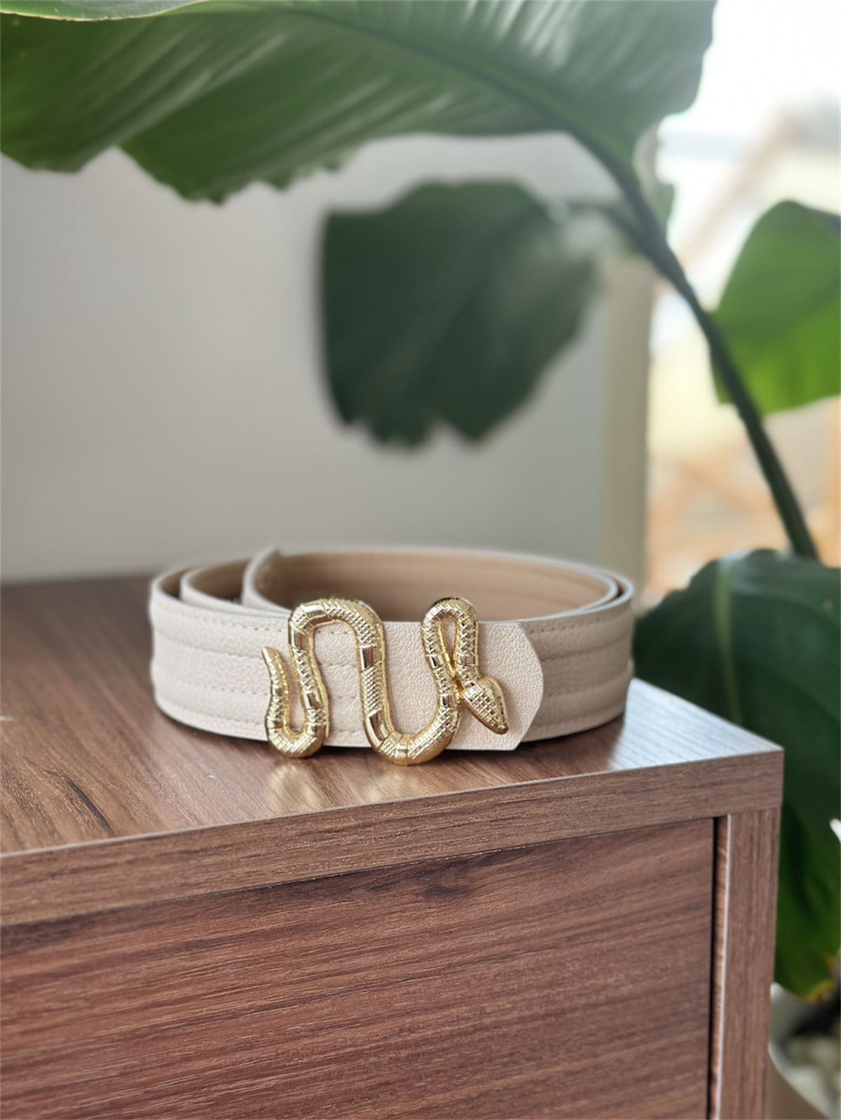 Yılan Krem Gold Kemer Dikişli