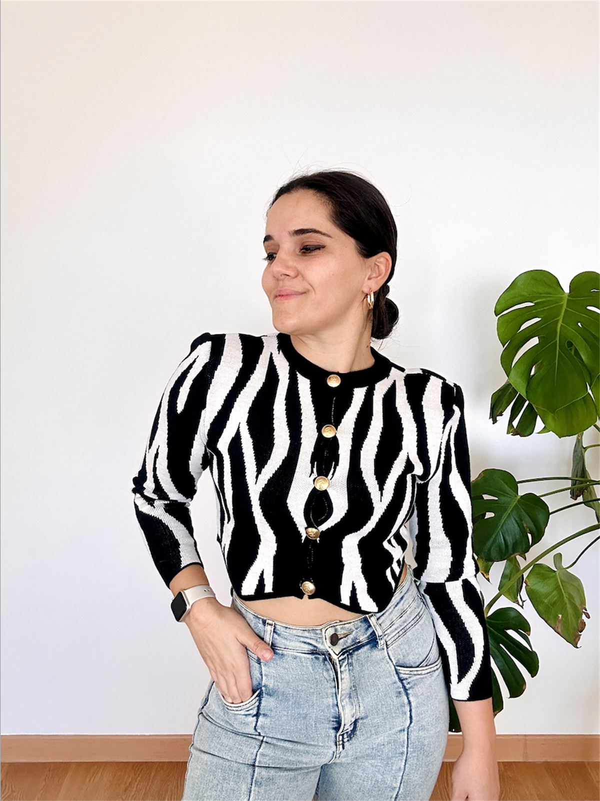 Zebra Desen Vatkalı Kısa Hırka Siyah-Beyaz