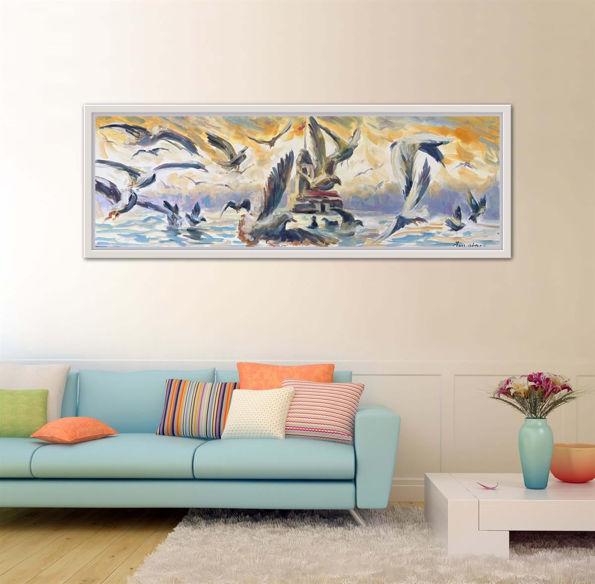 İstanbul Temali TablolarMartılar ve Kız Kulesi Modern Yağlı Boya Tablo