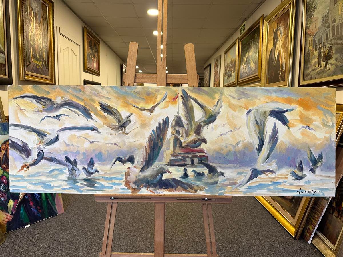 İstanbul Temali TablolarMartılar ve Kız Kulesi Modern Yağlı Boya Tablo