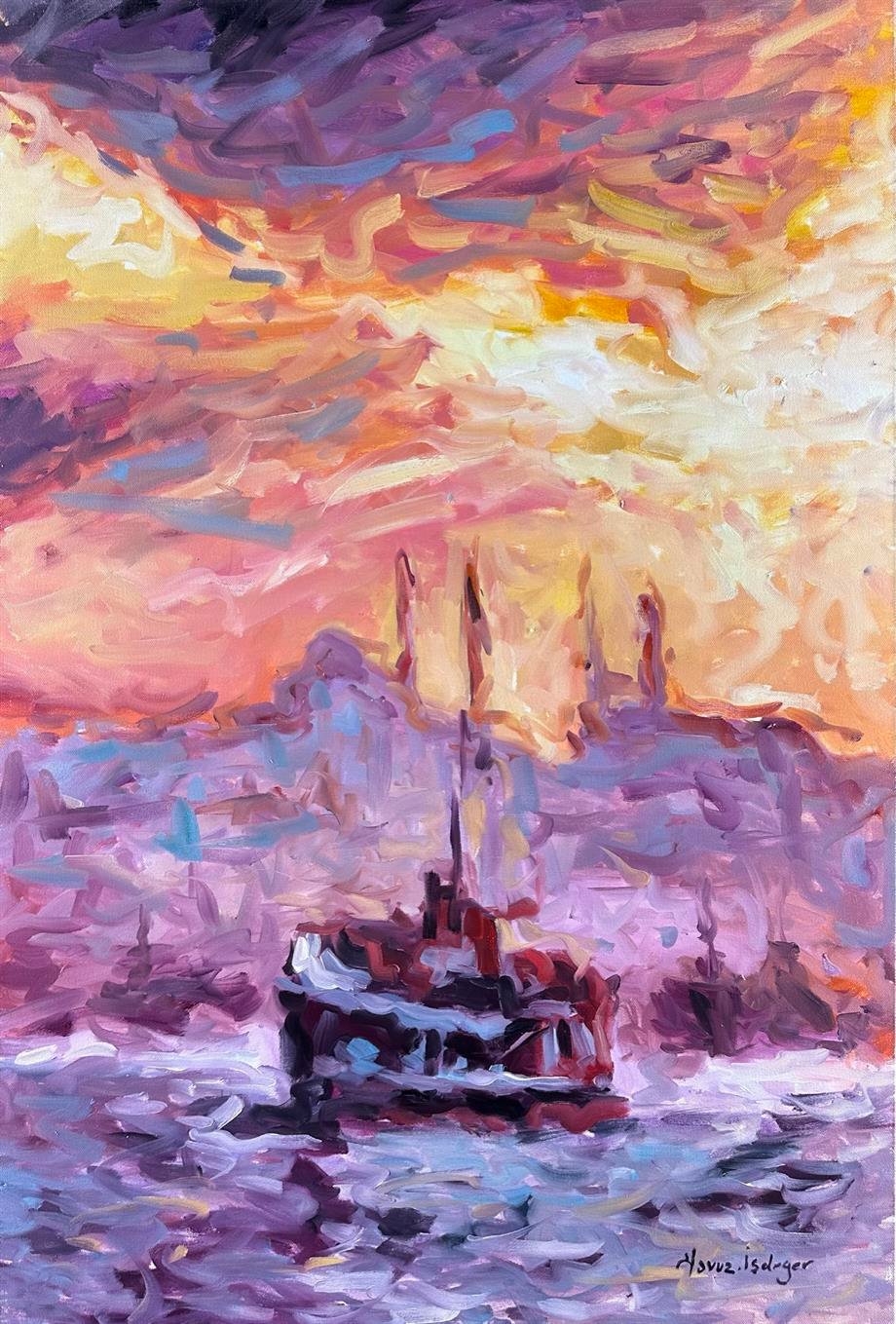 İstanbul Temalı Tablolar,Soyut ve Modern TablolarBoğaz'da Vapur Modern Yağlı Boya Tablo