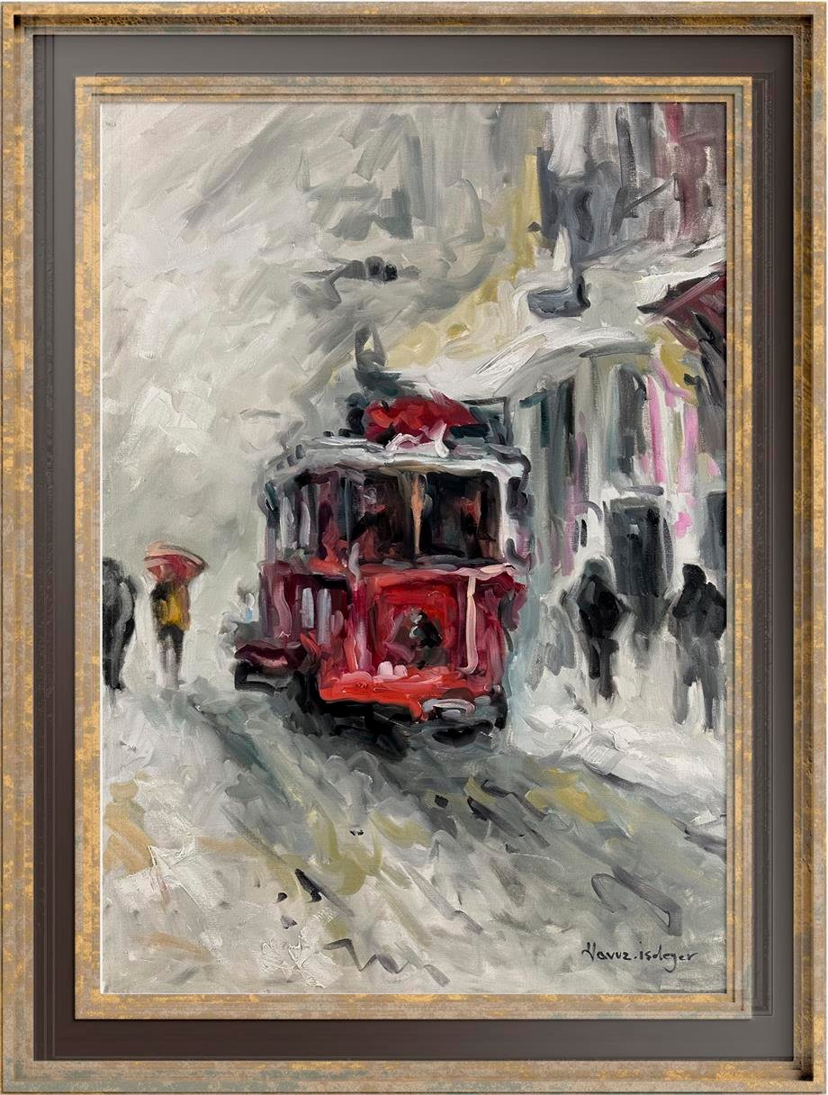 İstanbul Temalı Tablolar,Soyut ve Modern TablolarKarlı Günde Tramvay Modern Yağlı Boya Tablo