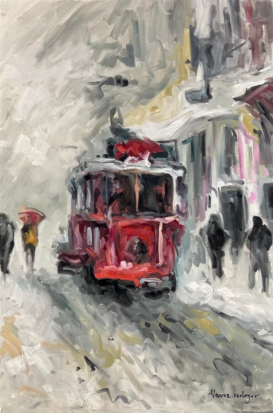 İstanbul Temalı Tablolar,Soyut ve Modern TablolarKarlı Günde Tramvay Modern Yağlı Boya Tablo