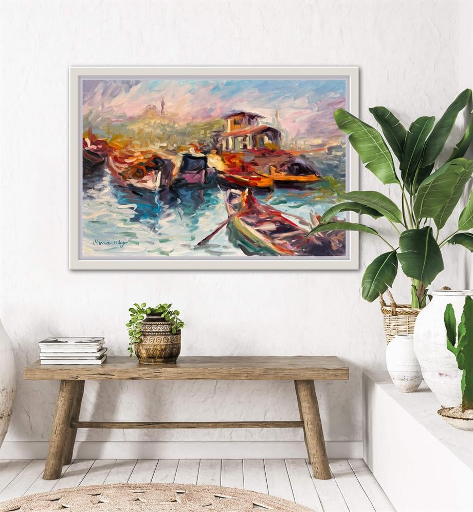 İstanbul Temalı Tablolar,Soyut ve Modern TablolarHaliç'te Tekneler Modern Yağlı Boya Tablo