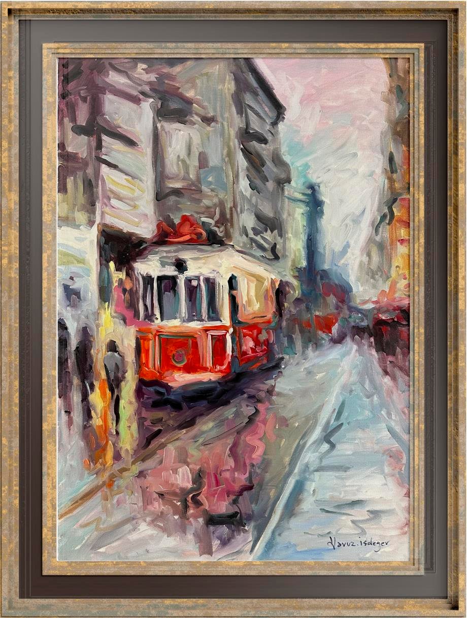İstanbul Temalı Tablolar,Soyut ve Modern TablolarYağmurlu Günde Tramvay Modern Yağlı Boya Tablo