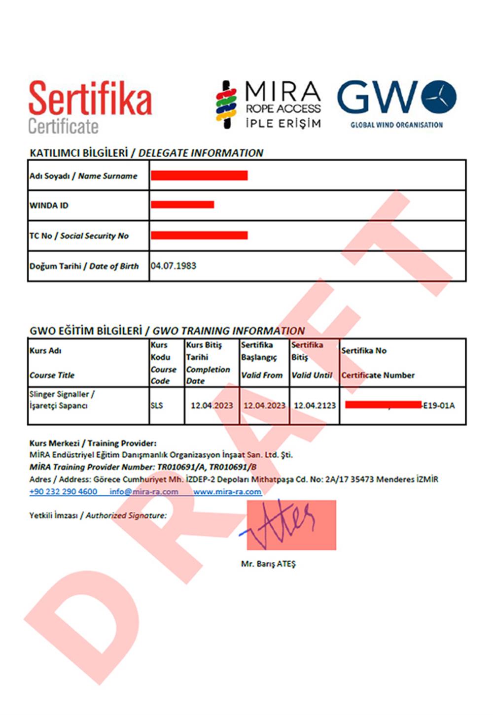GWO SLS - Rüzgar Türbinlerinde Sapancı & İşaretçi Eğitimleri