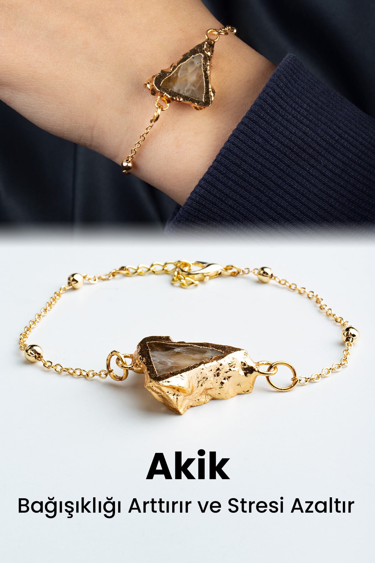 Akik Doğal Taş Amorf Kesim Zincir Kapamalı Bileklik