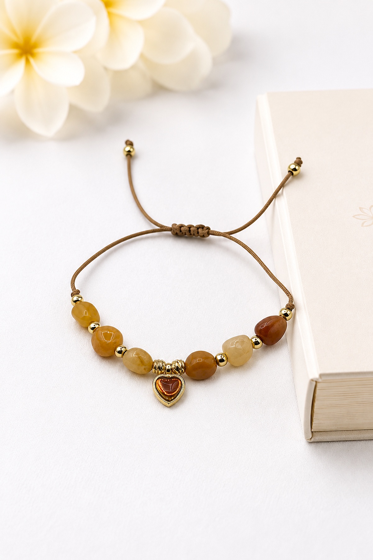 Agate Stone Tumbled Nugget Cut Yellow Heart Motif Macrame Bracelet