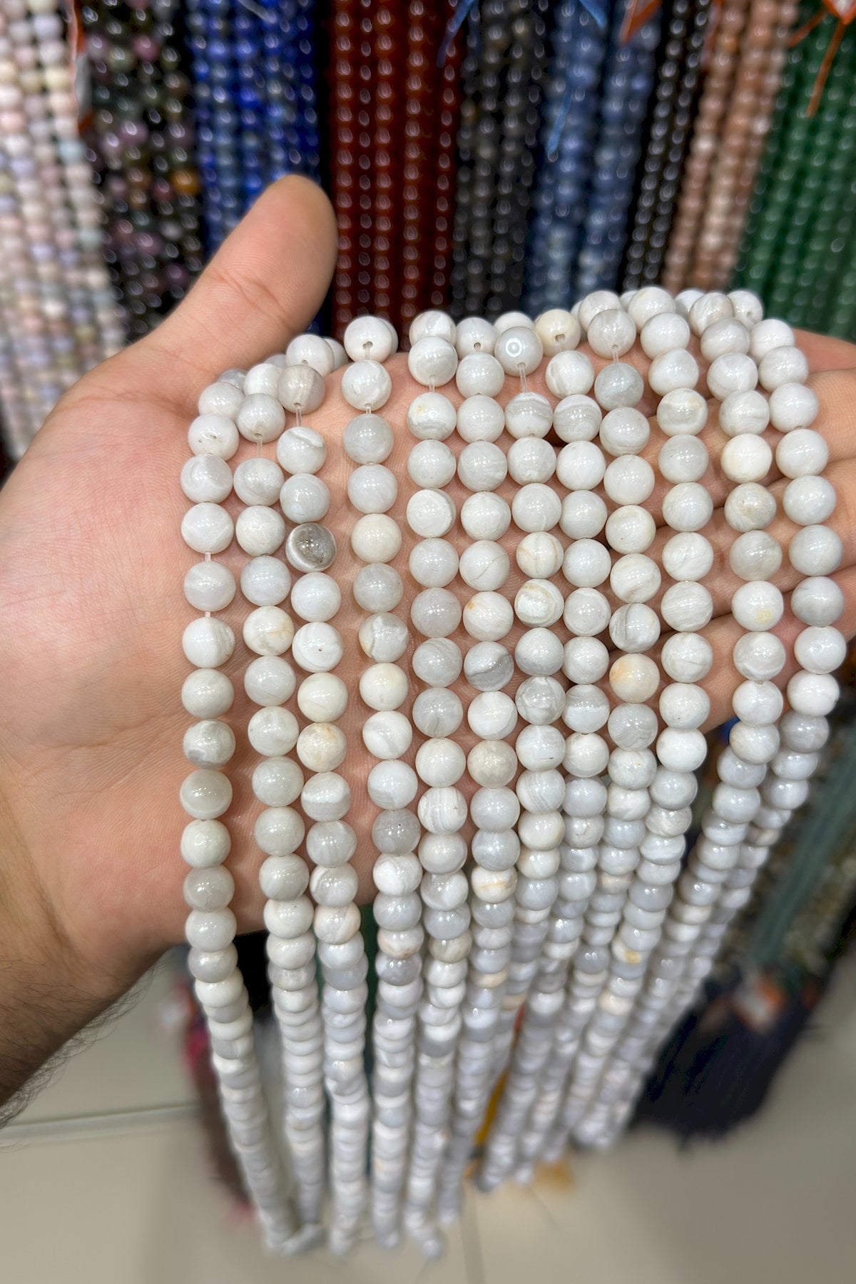Agate Natural Stone Shiny White Globe Cut 8mm String Of Beads
