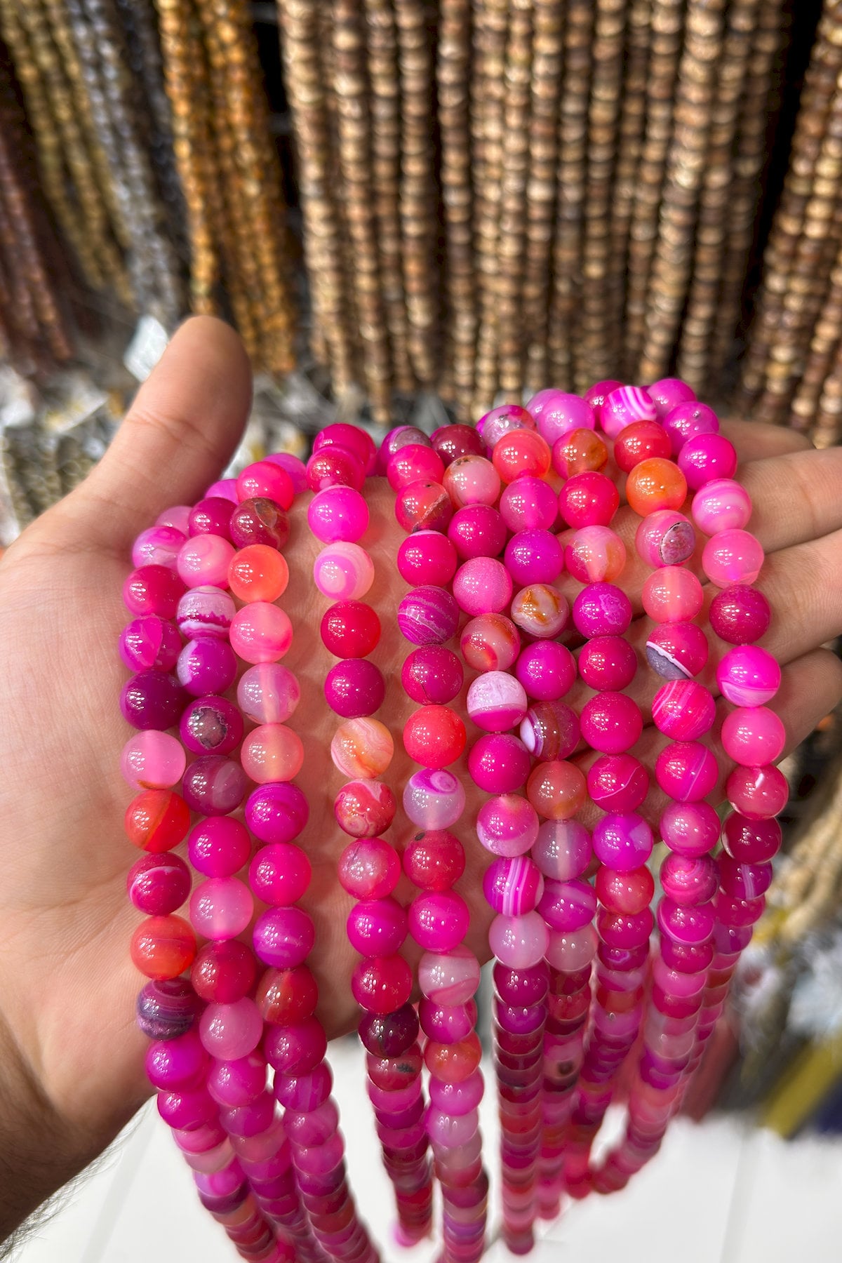 Akik Doğal Taş Parlak Fuşya Küre Kesim 10mm Dizi