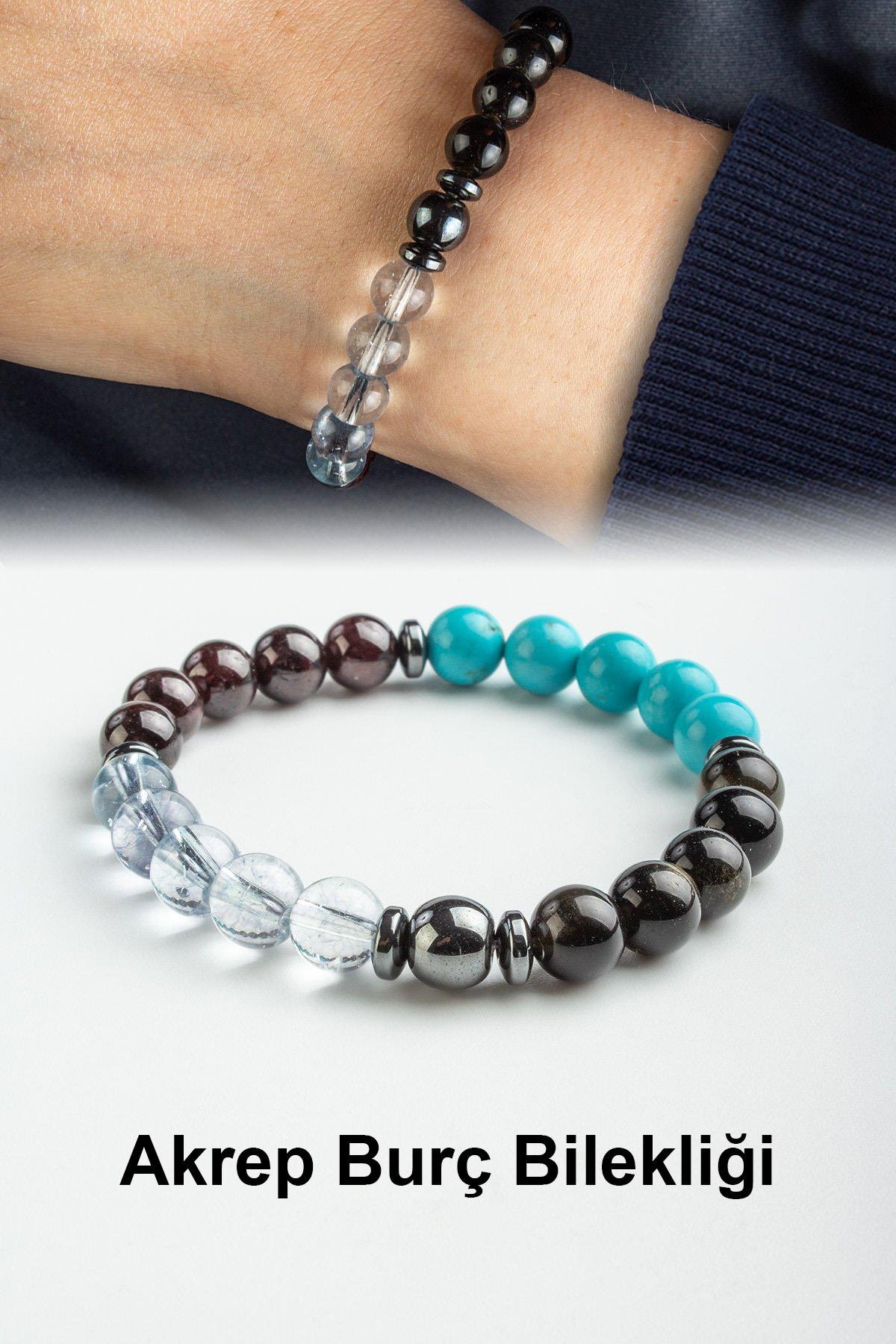 Akrep Burç Bilekliği Topaz-Turkuaz-Garnet-Obsidyen Doğal Taş 8mm Bileklik