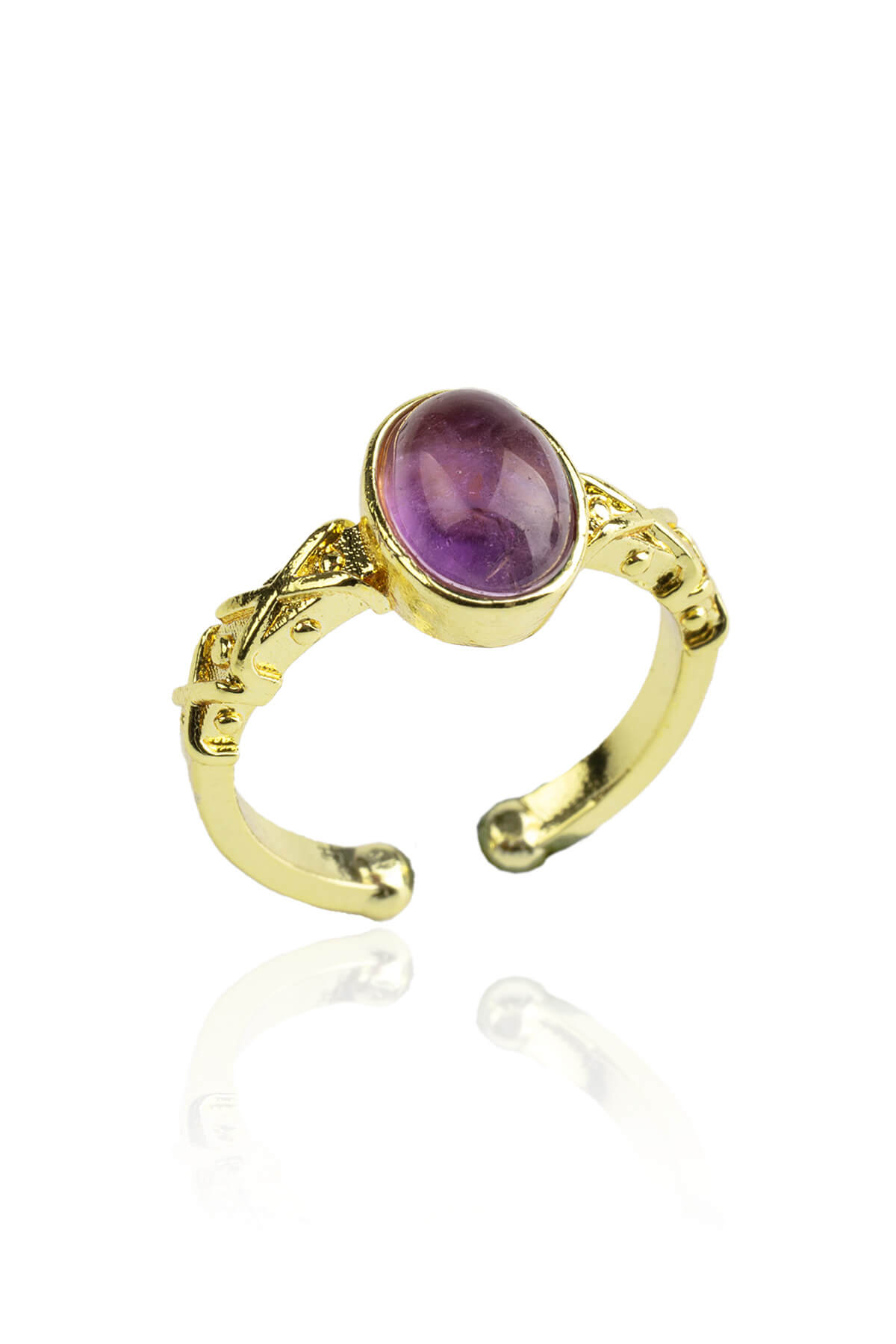 Ametist Doğal Taş Bakır Oval Kesim Ayarlanabilir Yüzük