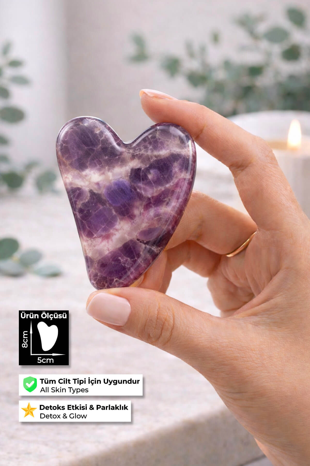 Ametist Doğal Taş Gua Sha Kalp Kesim Yüz Masaj Taşı