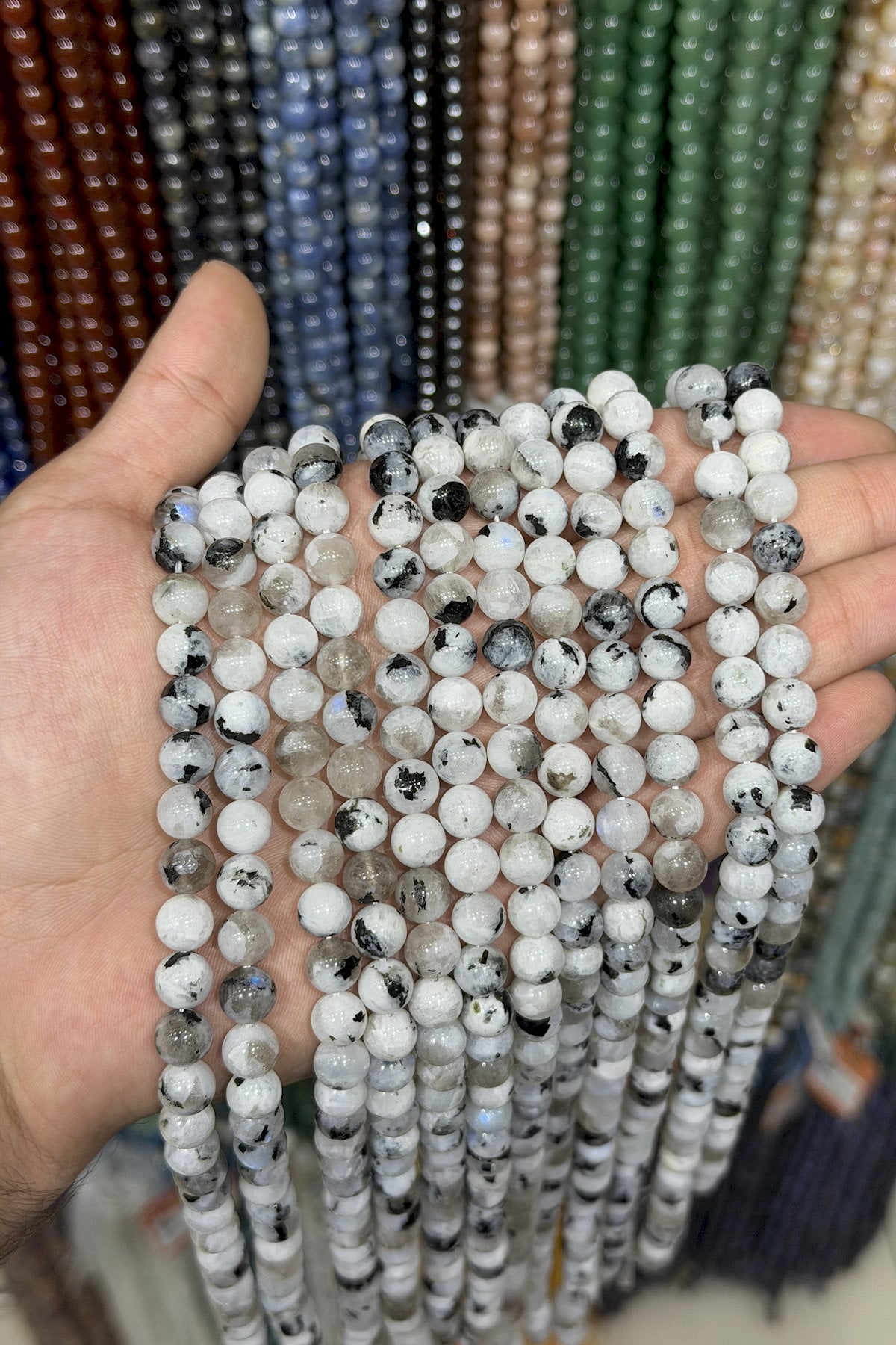 Moon Stone Natural Stone Mottled Black Globe Cut 8mm String Of Beads [AB+]
