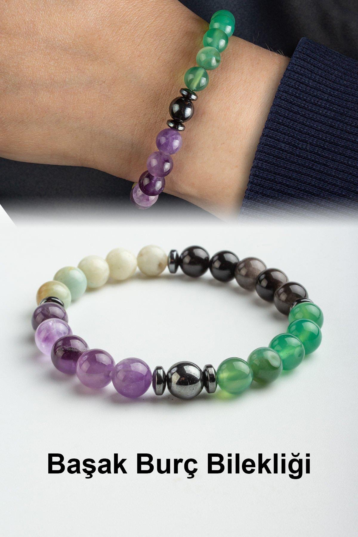 Başak Burç Bilekliği Amazonit-Yeşil Akik-Ametist-Obsidyen Doğal Taş 8mm Bileklik