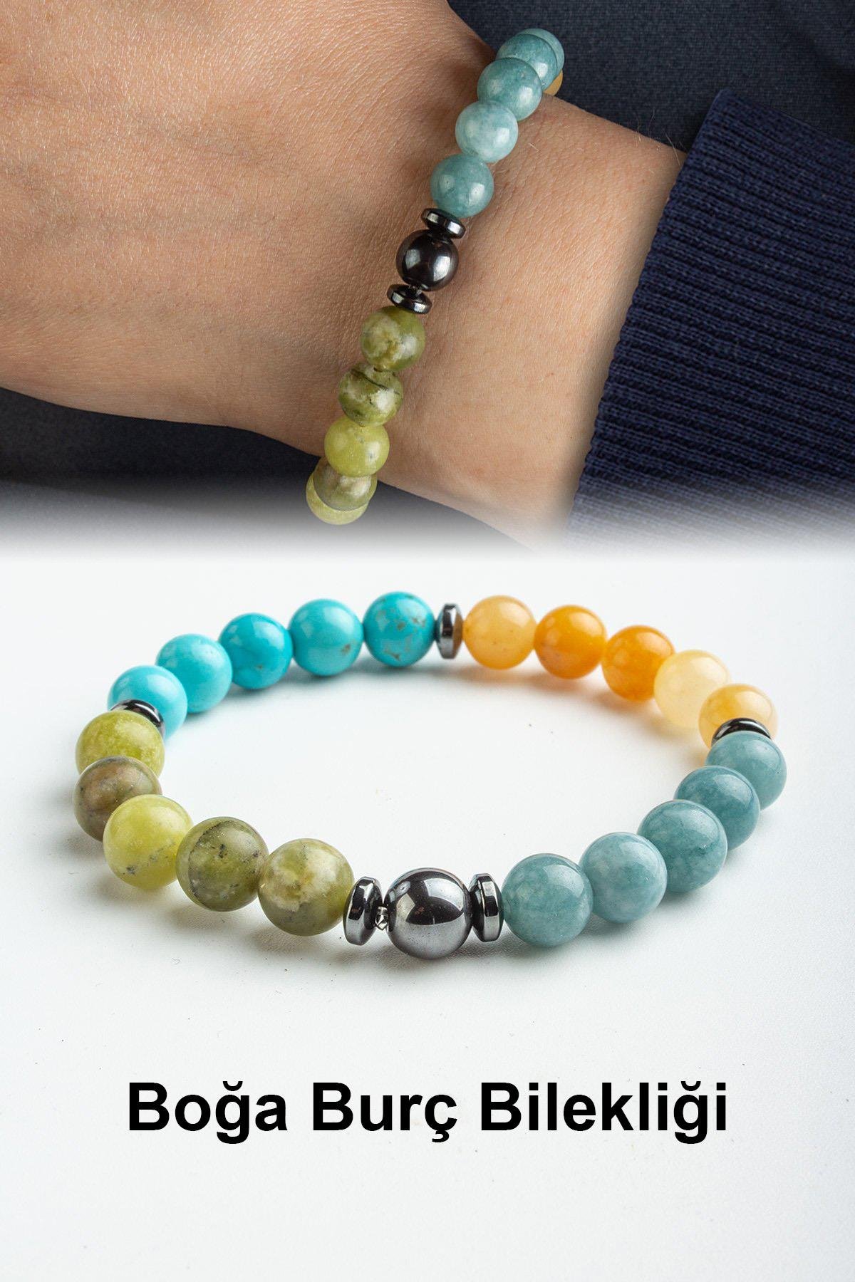 Boğa Burç Bilekliği Akik-Turkuaz-Akuamarin-Yeşim Doğal Taş 8mm Bileklik
