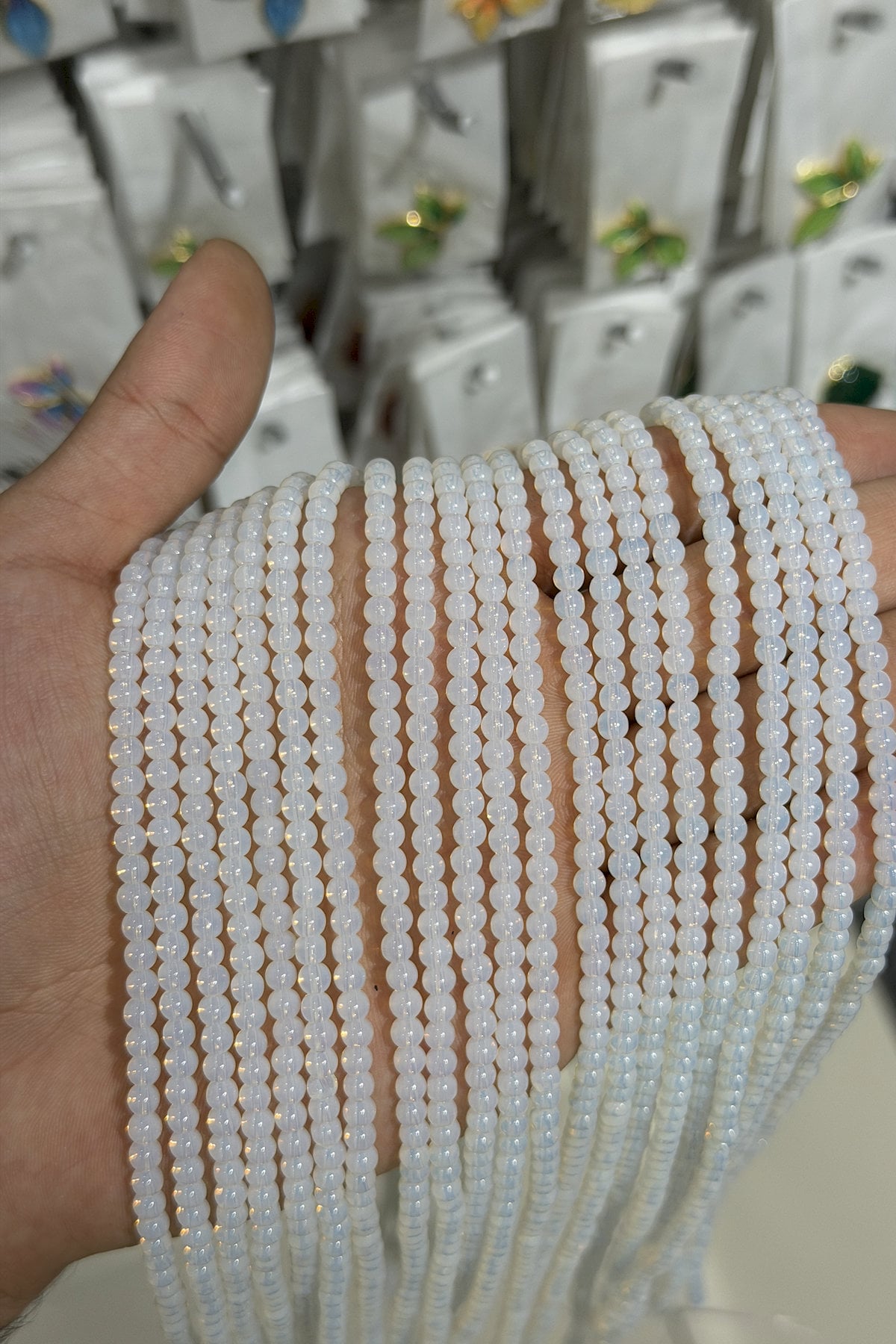 Glass White Opal Shiny Globe Cut 4mm String Of Beads