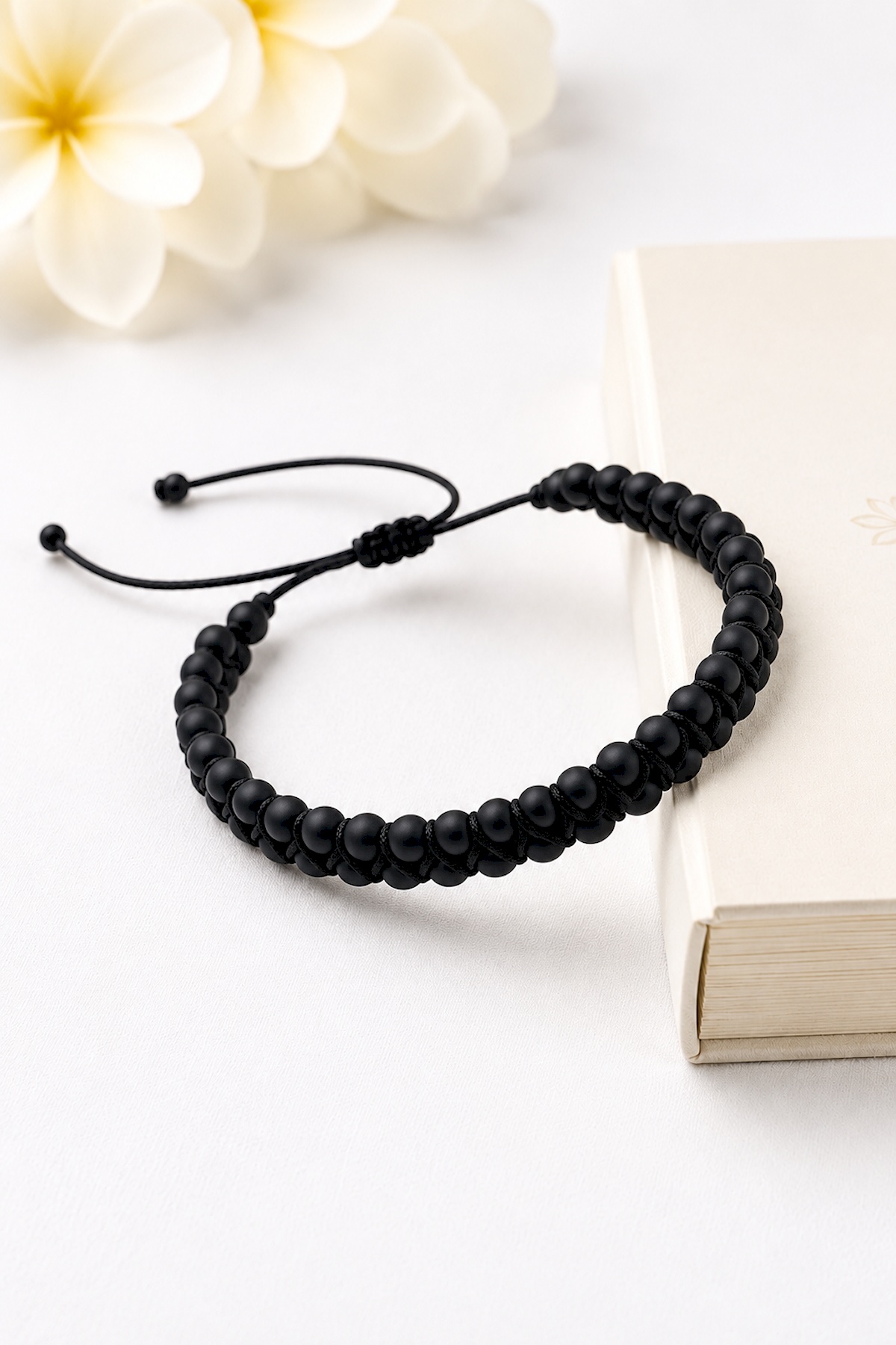 Glass Onyx Stone Matte Black Round-Cut Diagonal Woven 4mm Bracelet