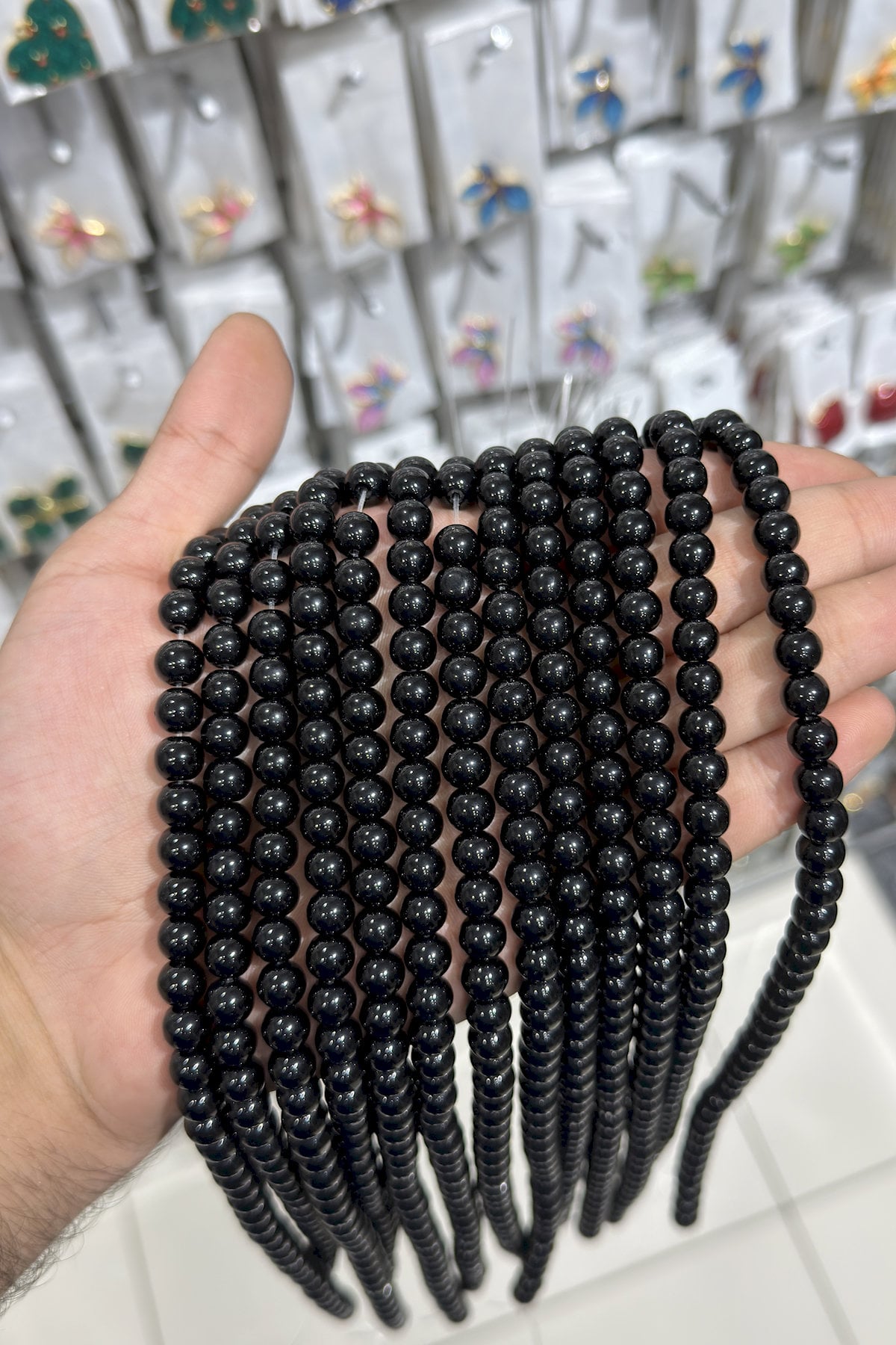 Onyx Glass Shiny Black Globe Cut 8mm String Of Beads
