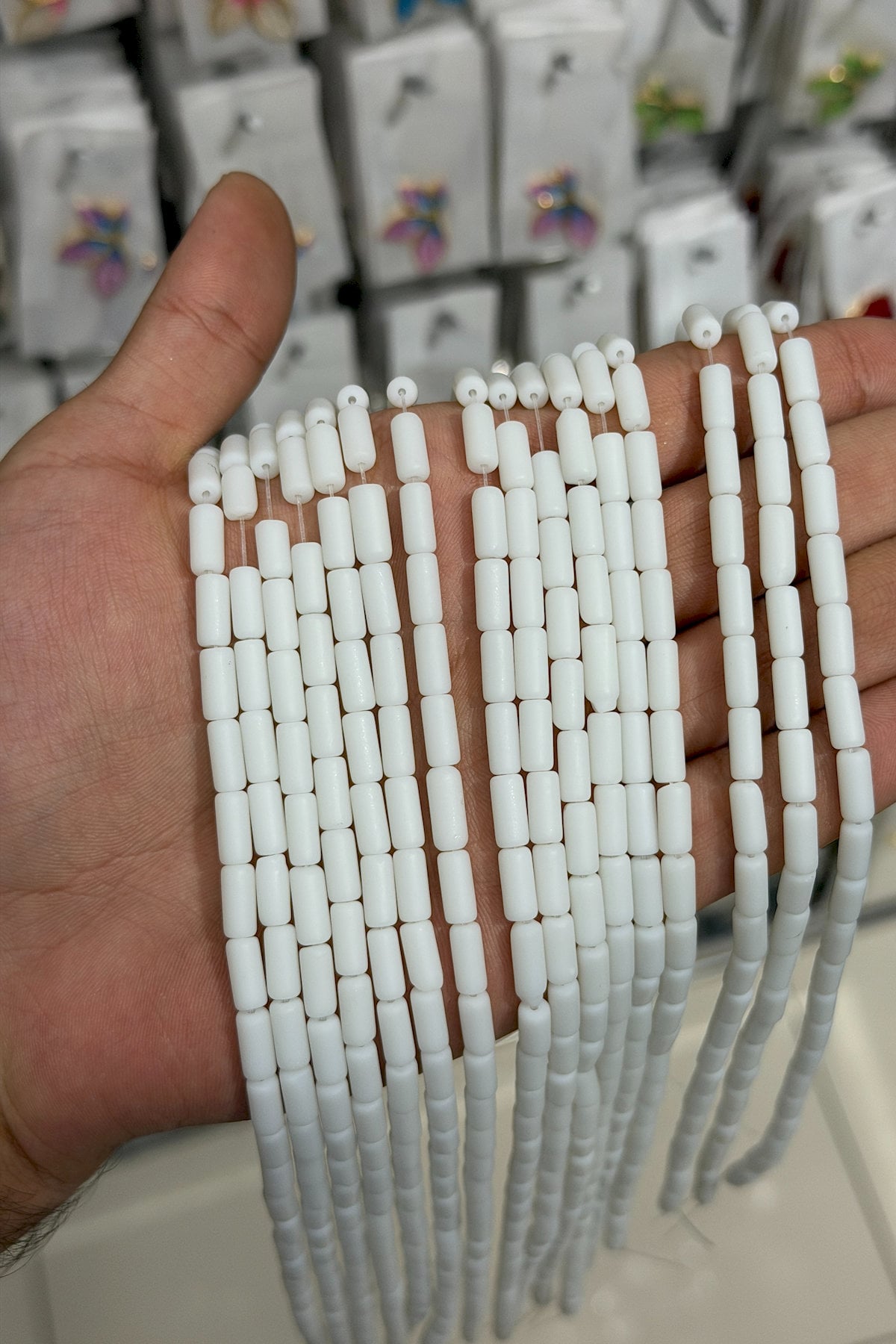 Glass White Matte Cylinder Cut 5x10mm String Of Beads