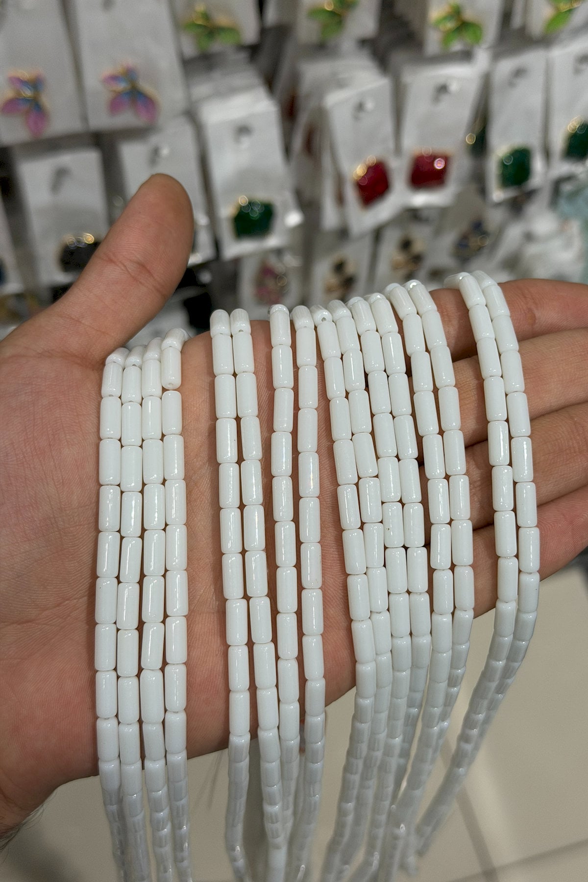Glass White Shiny Cylinder Cut 5x10mm String Of Beads