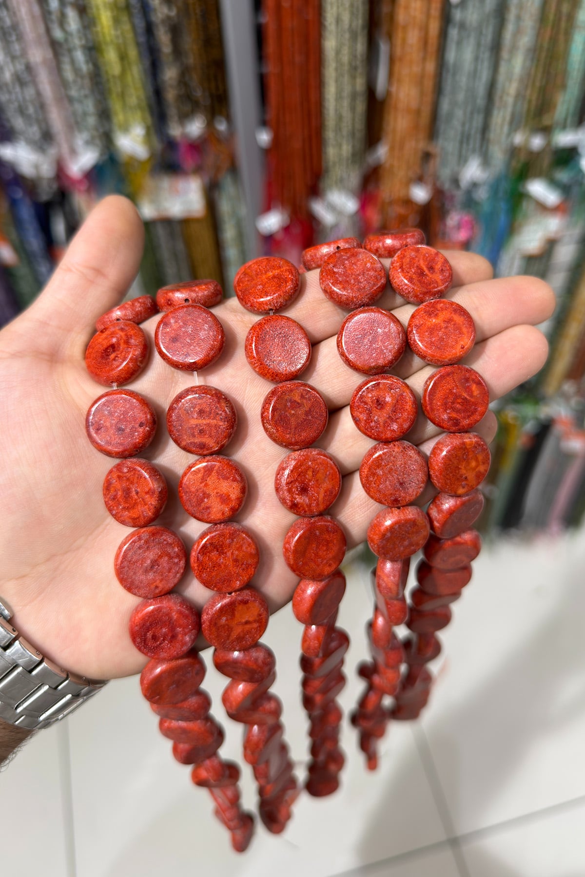 Çim Mercan Taşı Daire Kesim Parlak Kırmızı 8x18mm Doğal Taş Dizi [AA]