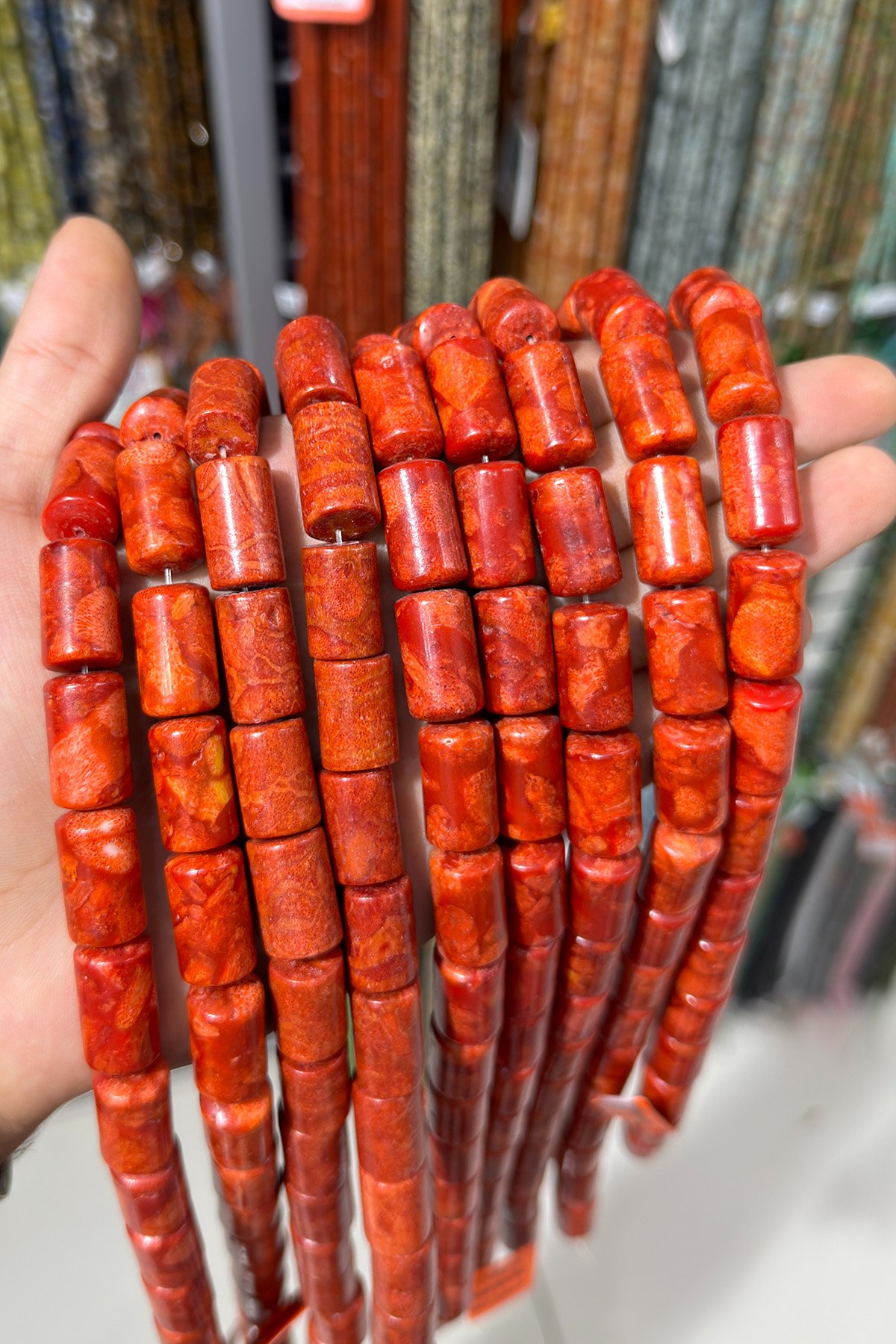 Çim Mercan Taşı Silindir Kesim Parlak Kırmızı 12x20mm Doğal Taş Dizi [AA]