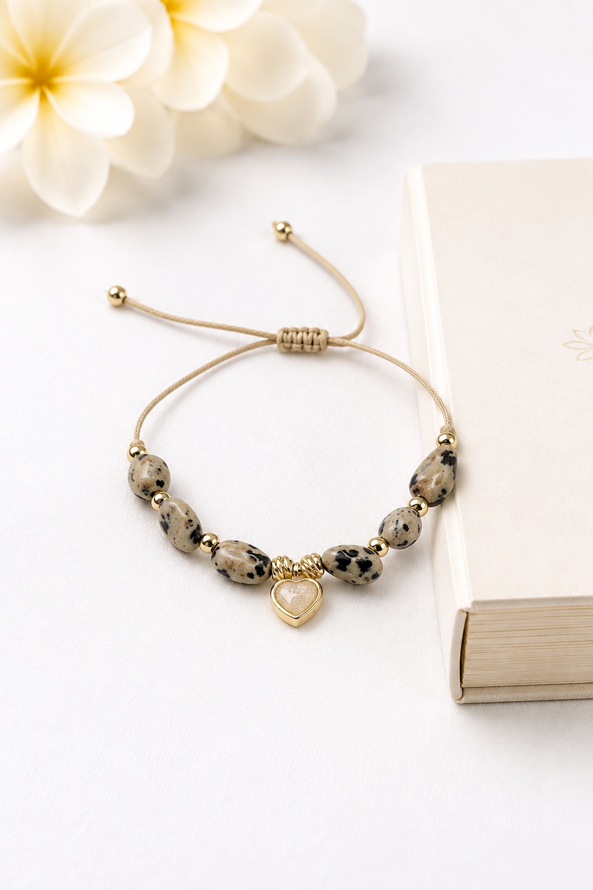 Dalmatian Jasper Stone Tumbled Nugget Cut Heart Motif Macrame Bracelet