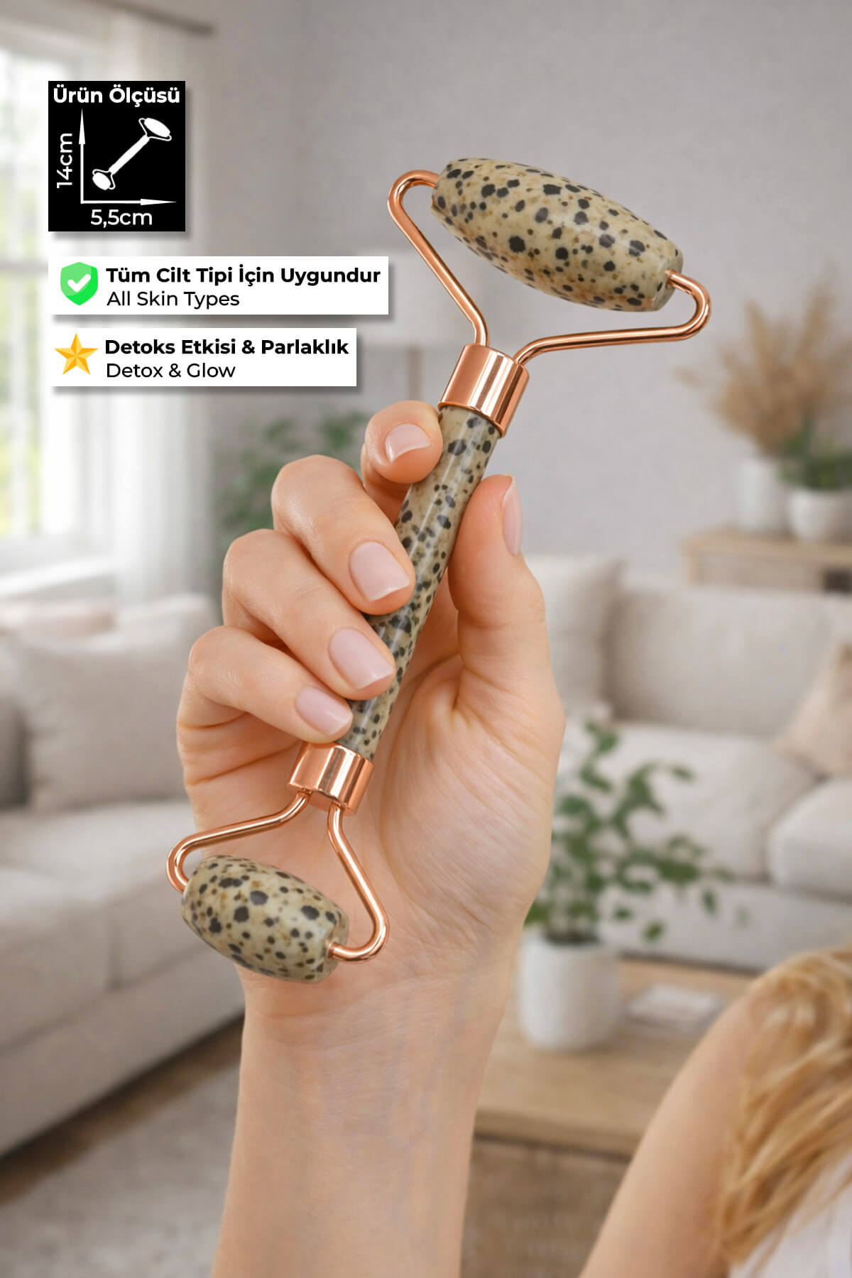 Dalmaçyalı Jasper Taşı Face Roller Doğal Taş Yüz Masaj Aleti - Roz Sap