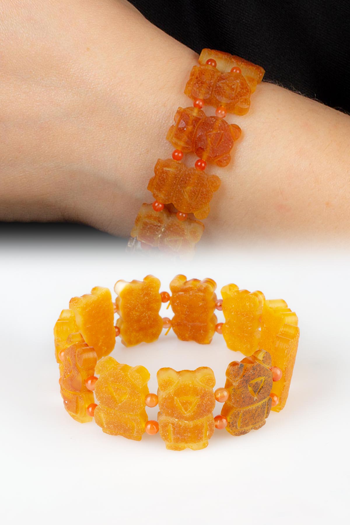 Damla Kehribar Ham Turuncu Ayıcık Figürlü Unisex Bileklik 12-13gr