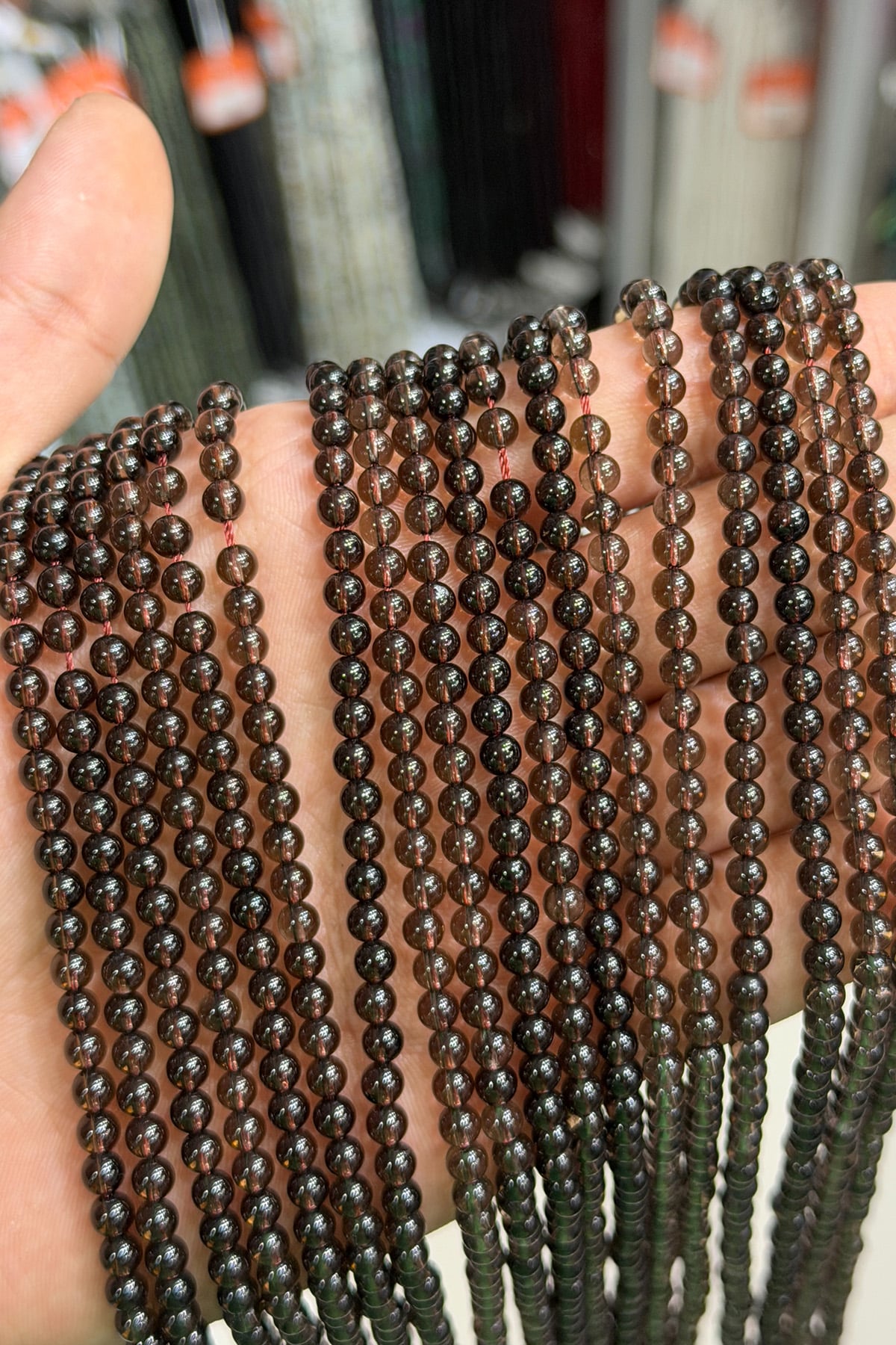 Smoky Quartz Natural Stone Shiny Globe Cut 4mm String Of Beads