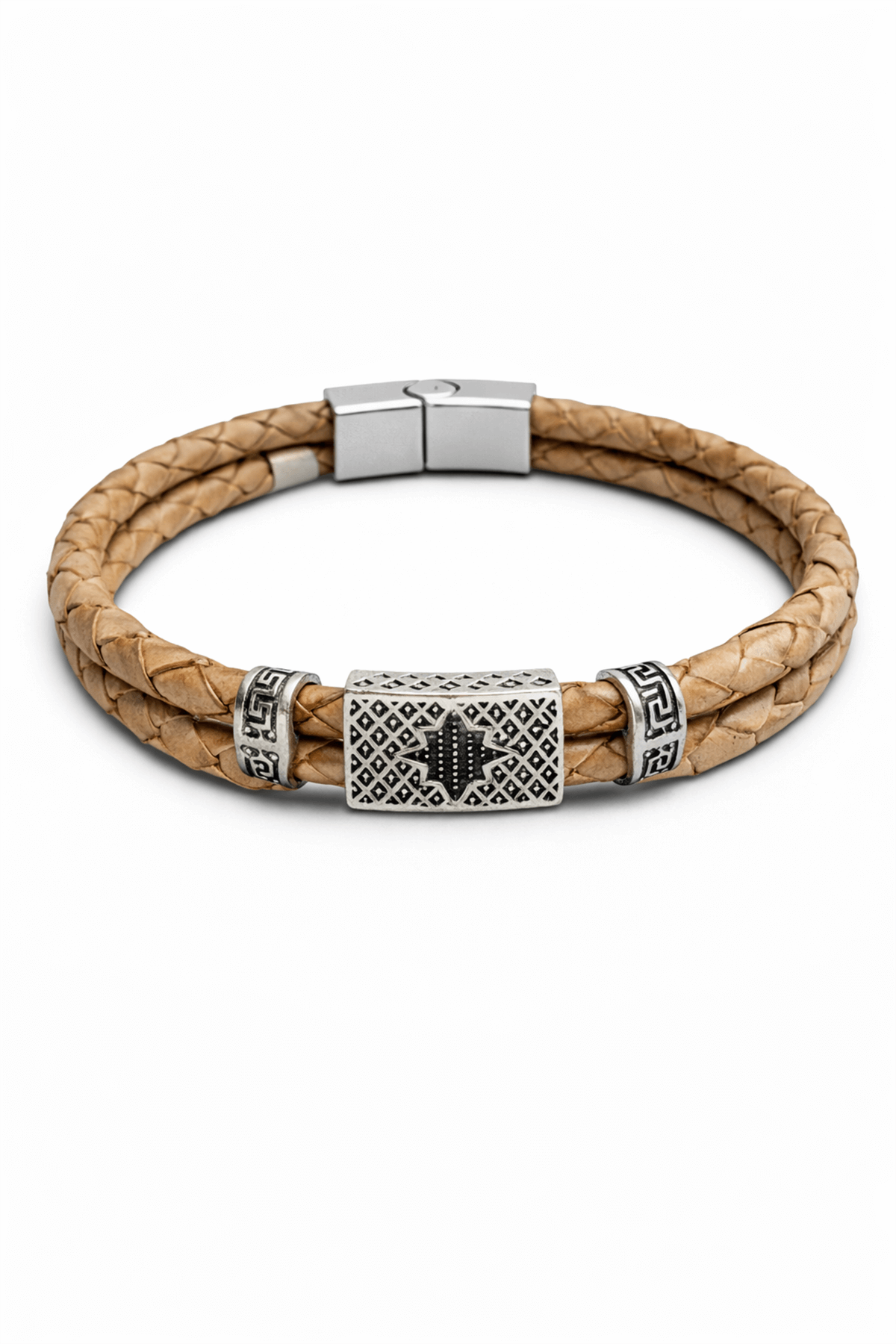 Erkek Deri Bileklik Zirkonlu Çift Tüp Kahverengi  Erkek Bileklik