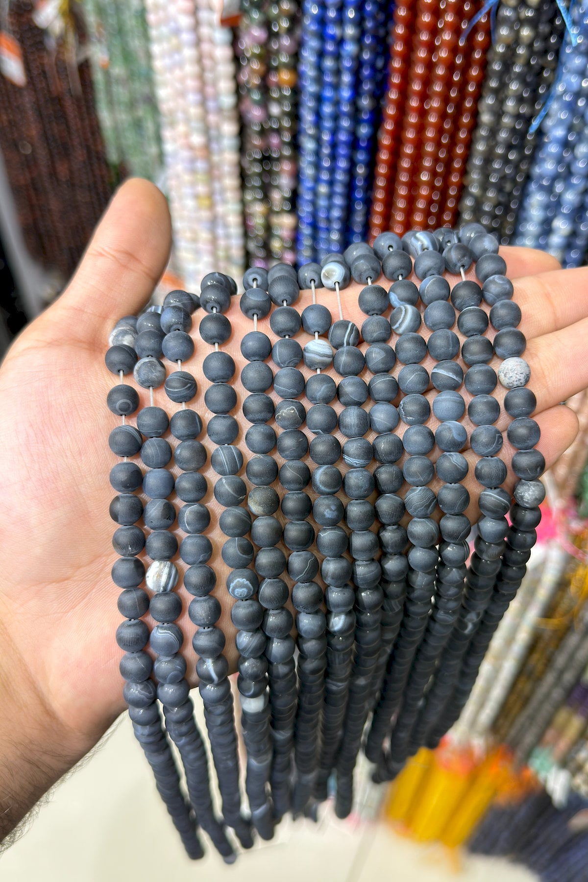 Eye Agate Natural Stone Matte Black Globe Cut 8mm String Of Beads