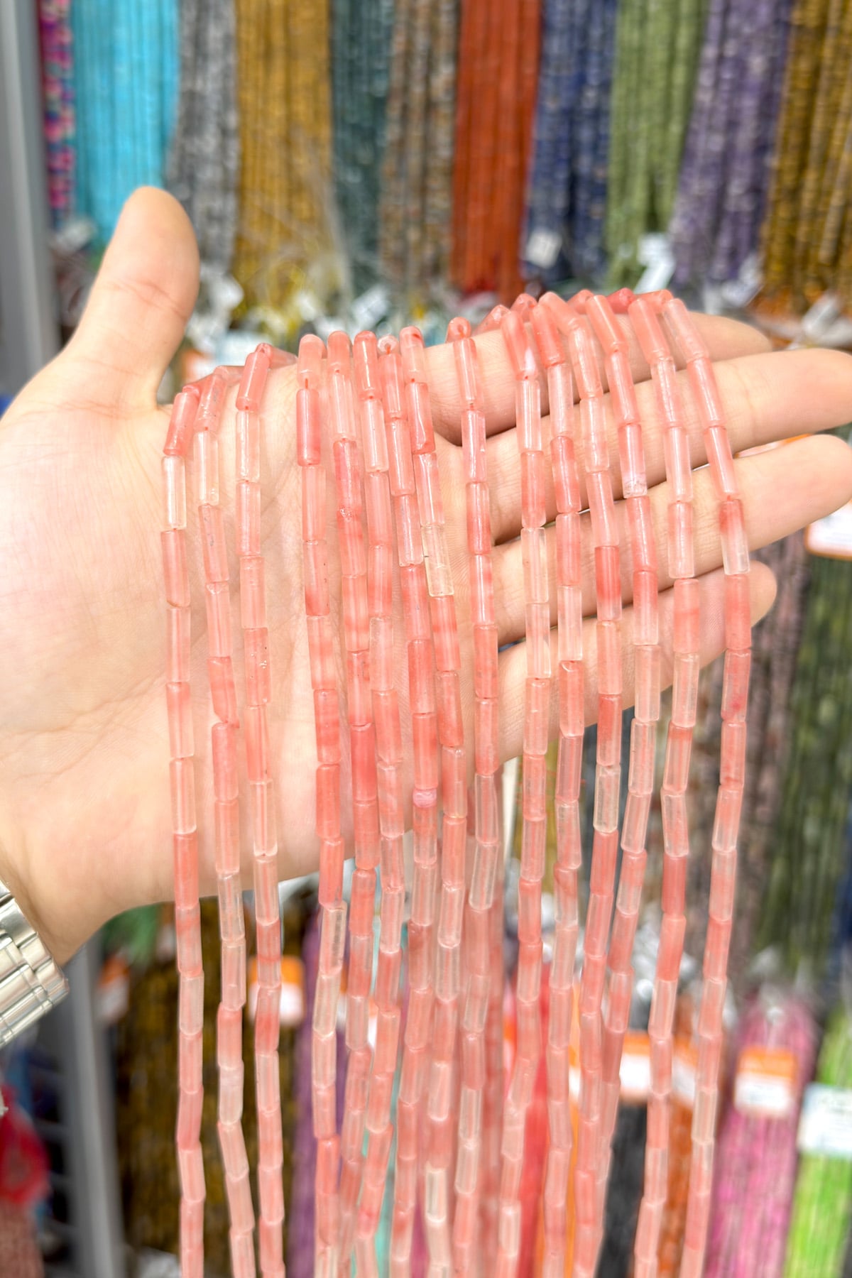 Gül Kuvars Doğal Taş Parlak Silindir Kesim 4x13mm Dizi [AA]