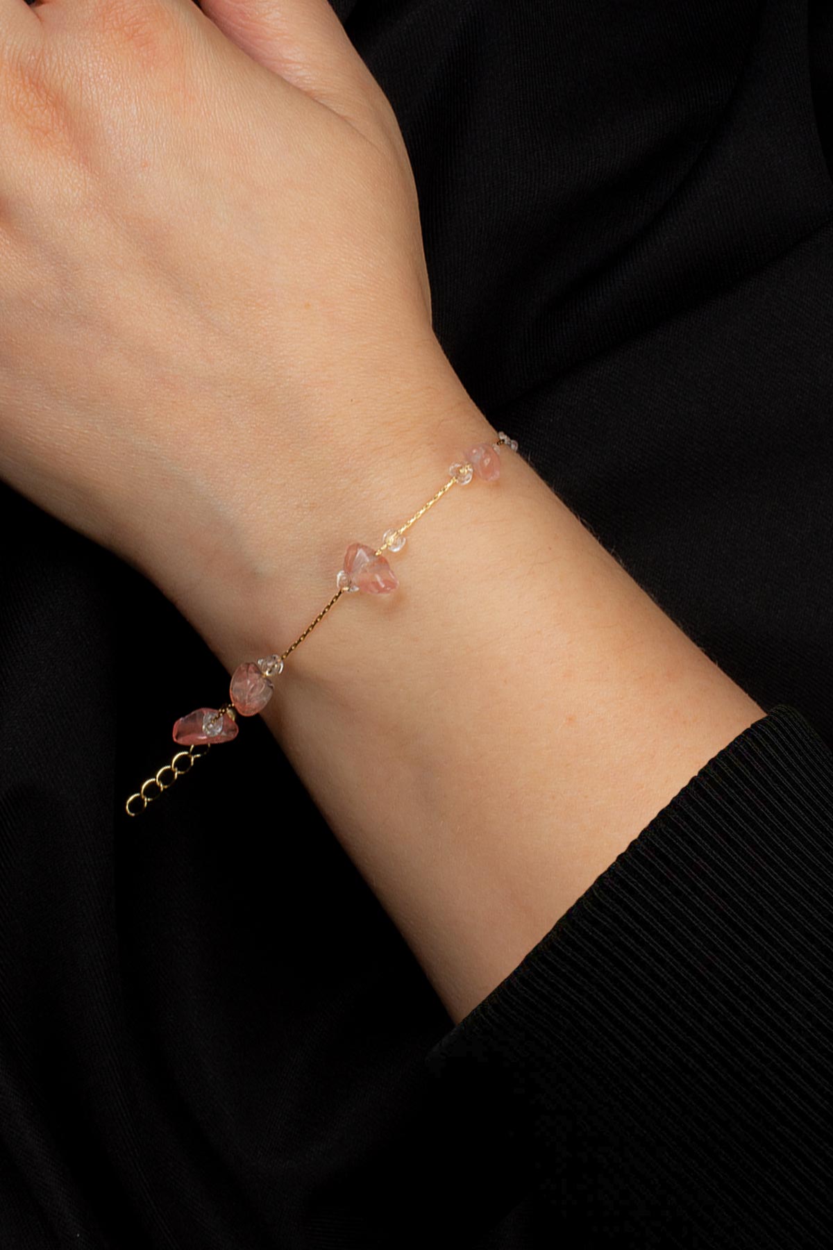 Gül Kuvars Kırık Doğal Taş Yapıştırma Zincir Bileklik