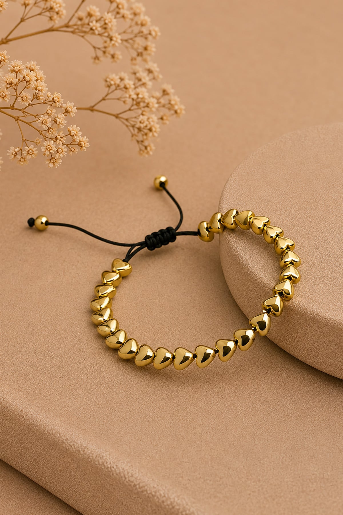 Hematit Doğal Taş Gold Kalp Kesim 6mm Makrome Bileklik