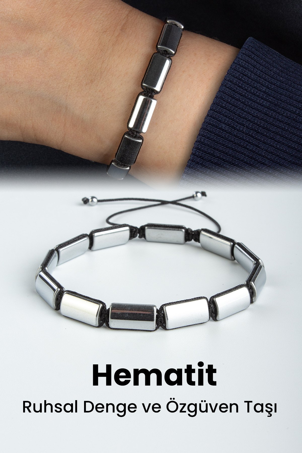 Hematit Doğal Taş Gümüş Dikdörtgen Kesim 7x13mm Makrome Bileklik