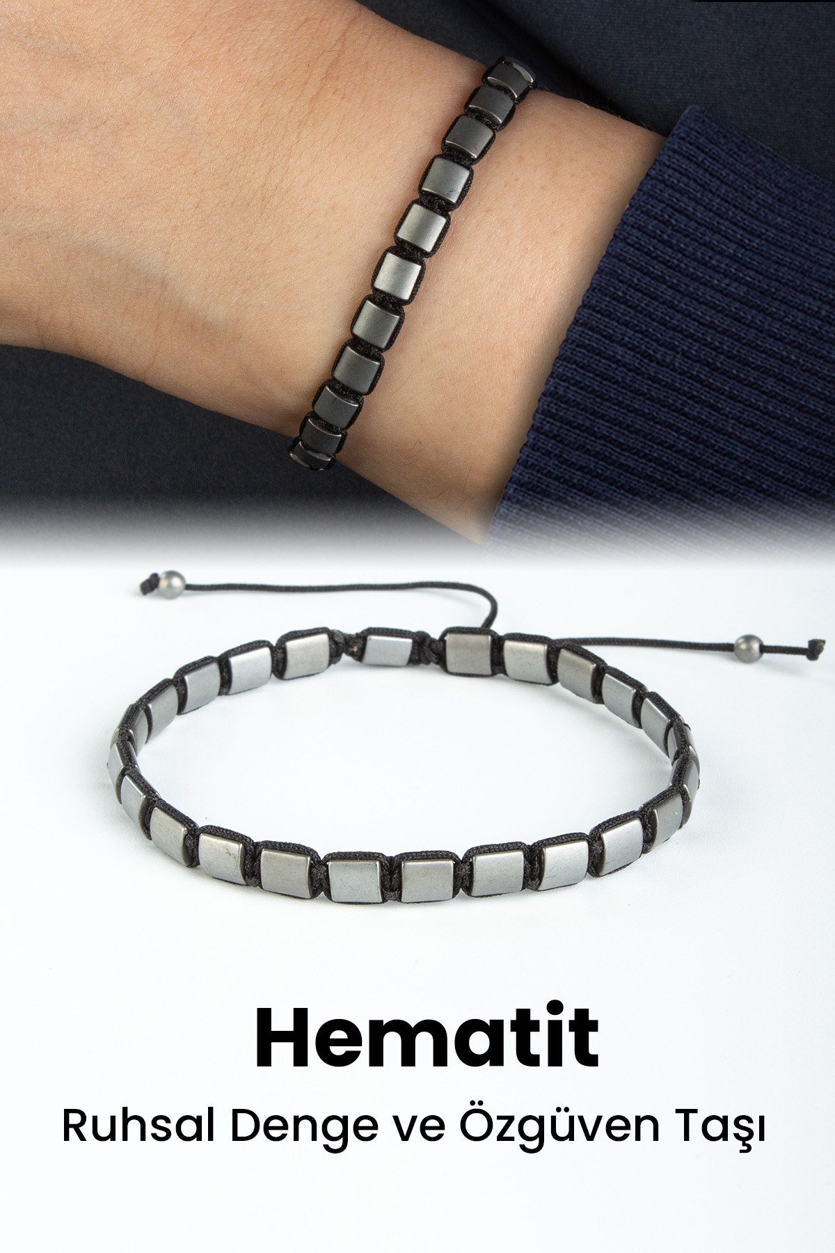 Hematit Doğal Taş Mat Açık Gri Yassı Kare Kesim Makrome Bileklik