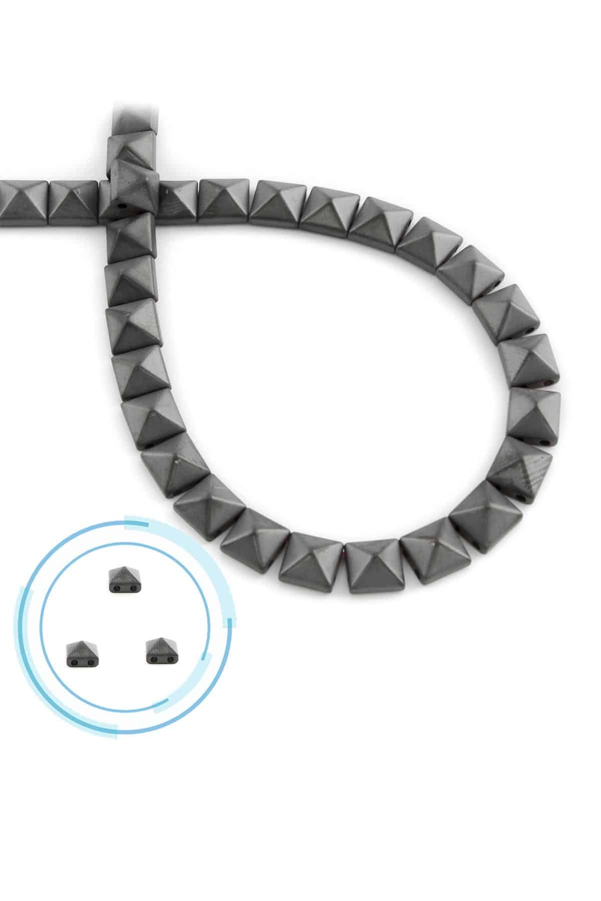 Hematite Natural Stone Matte Grey Pyramid Square Cut Double Hole 6x6mm String Of Beads