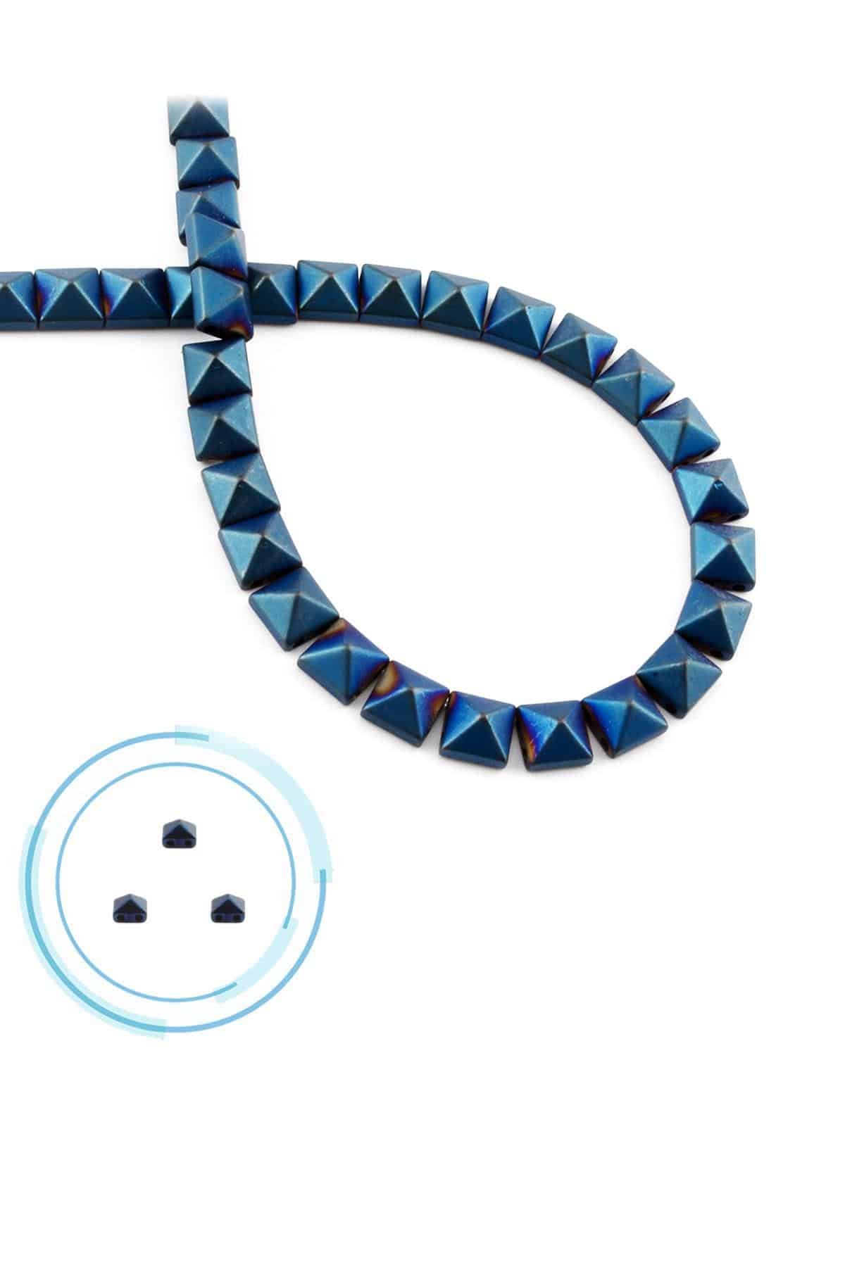 Hematite Natural Stone Matte Blue Pyramid Square Cut Double Hole 6x6mm String Of Beads