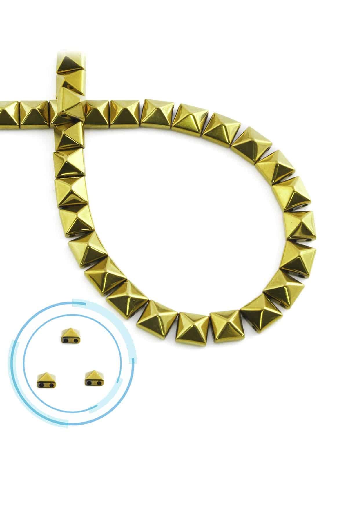 Hematite Natural Stone Shiny Gold Pyramid Square Cut Double Hole 6x6mm String Of Beads
