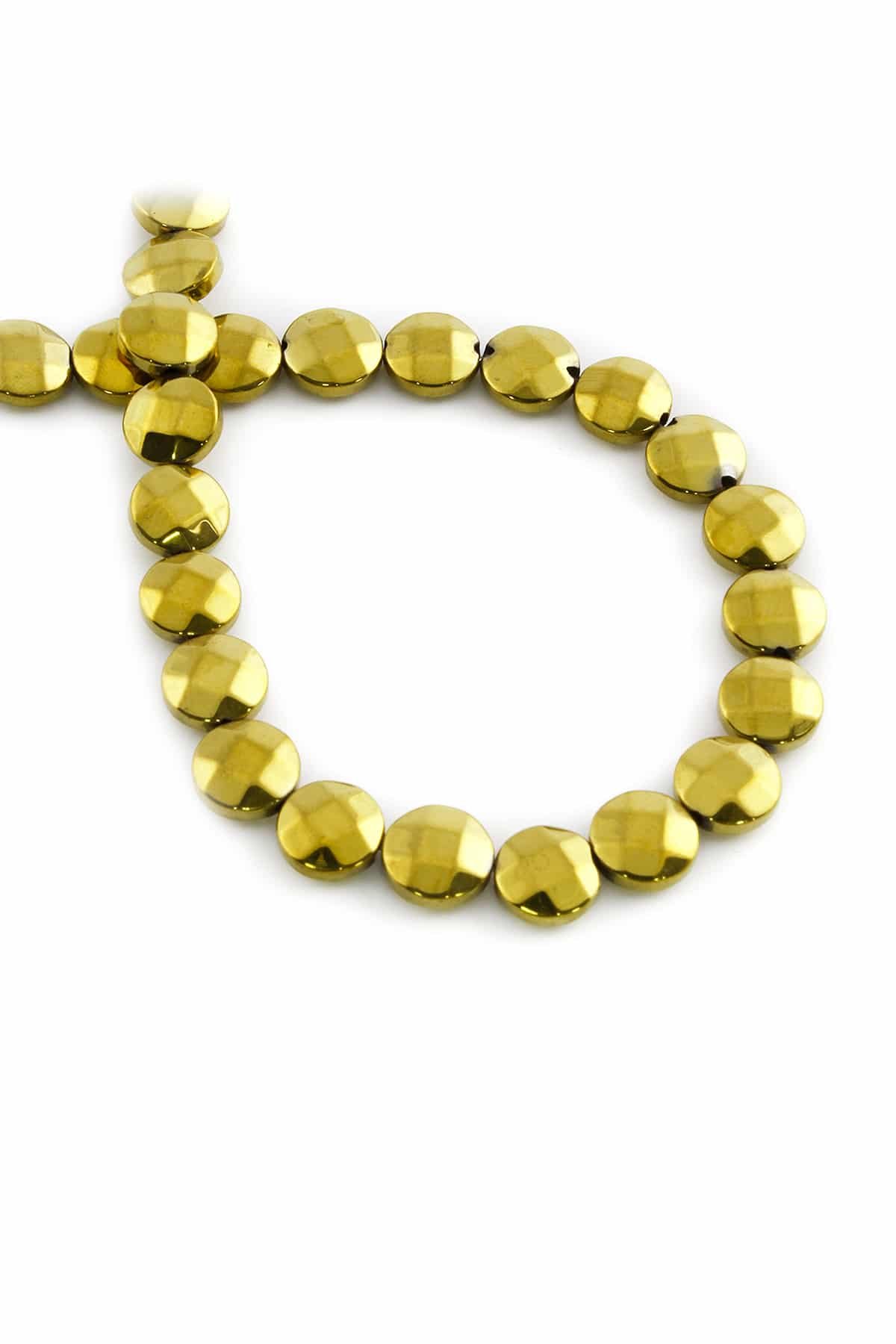 Hematite Natural Stone Shiny Gold Round Dished Facet Cut 8mm String Of Beads